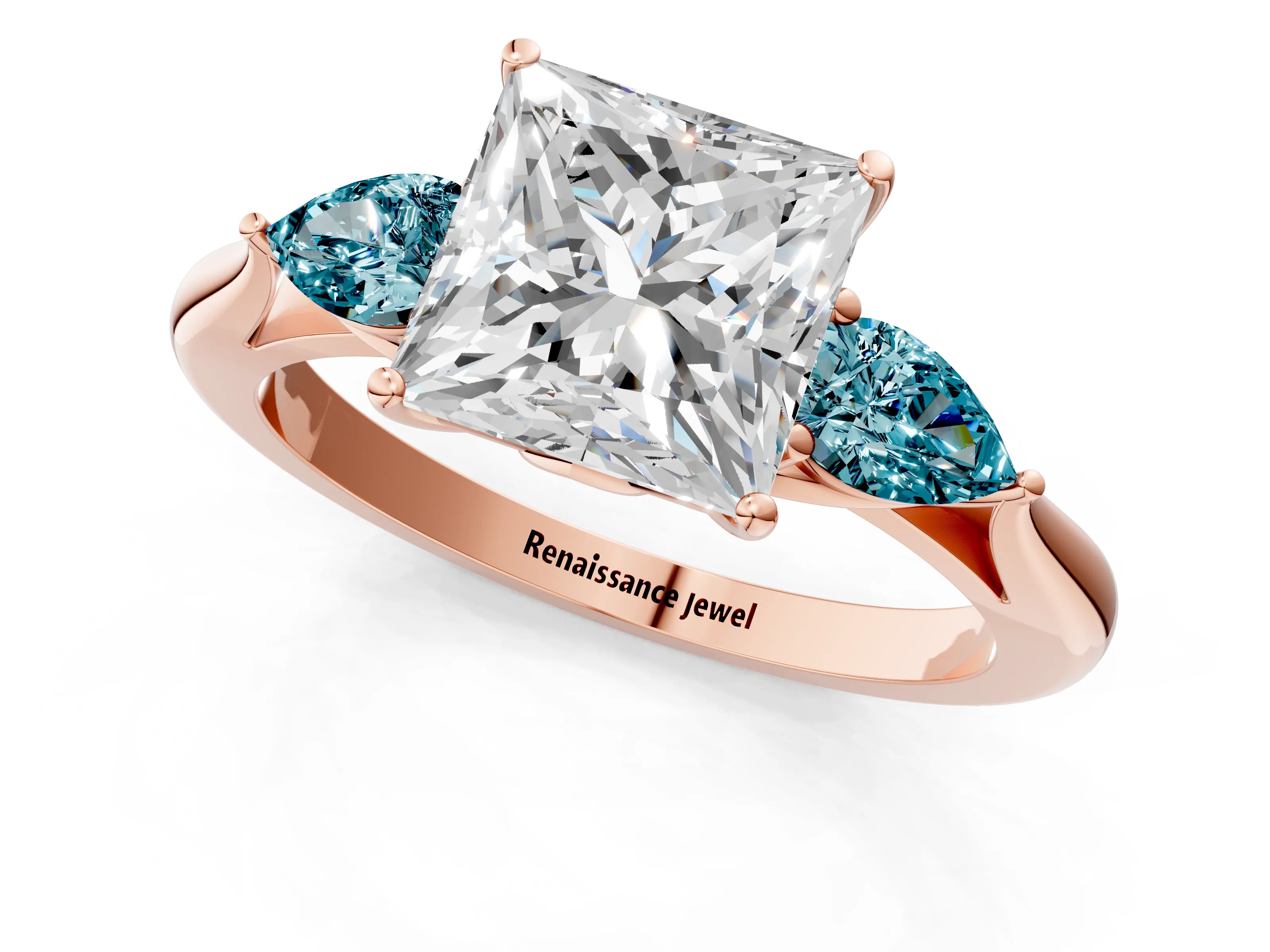 Rose gold Princess Cut Diamond Three-Stone Ring with Pear with Blue Topaz side stone Side Stones and Prong Setting_1