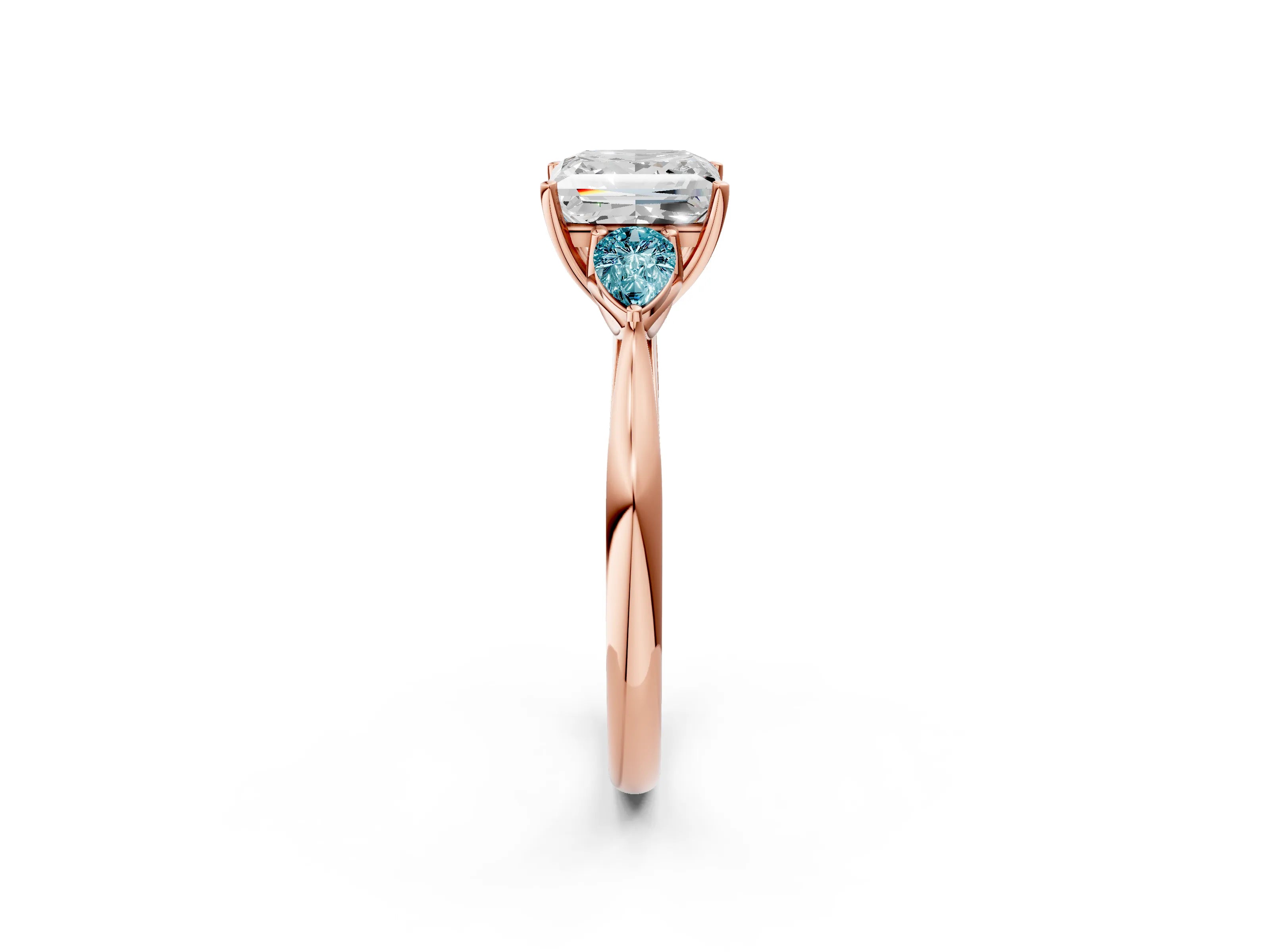 Rose gold Princess Cut Diamond Three-Stone Ring with Pear with Blue Topaz side stone Side Stones and Prong Setting_2
