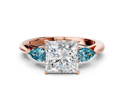 Rose gold Princess Cut Diamond Three-Stone Ring with Pear with Blue Topaz side stone Side Stones and Prong Setting