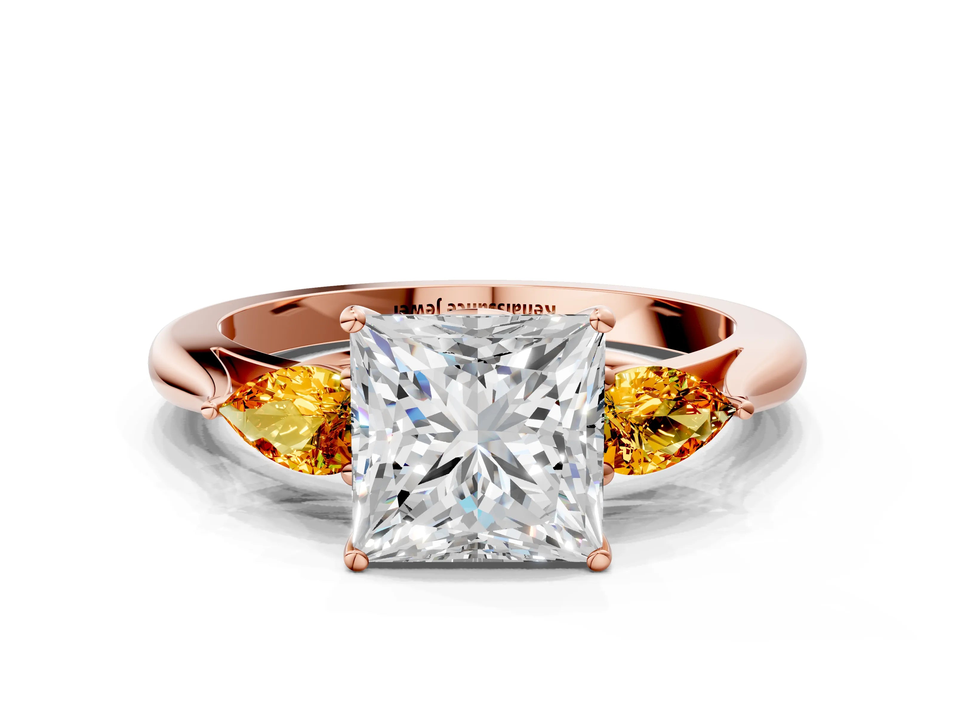 Rose gold Princess Cut Diamond Three-Stone Ring with Pear with Citrine side stone Side Stones and Prong Setting
