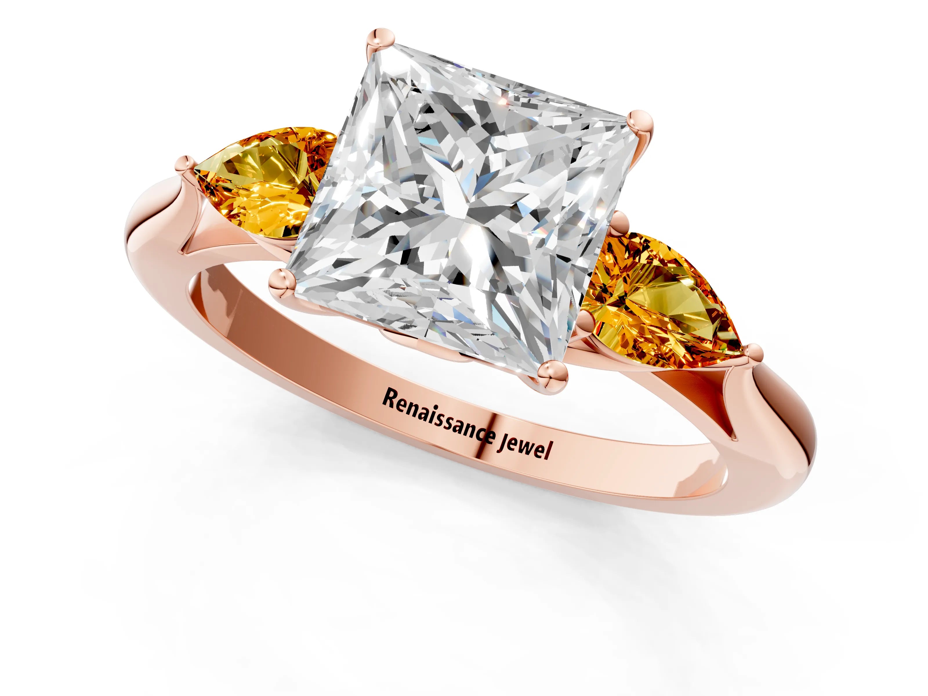 Rose gold Princess Cut Diamond Three-Stone Ring with Pear with Citrine side stone Side Stones and Prong Setting_1