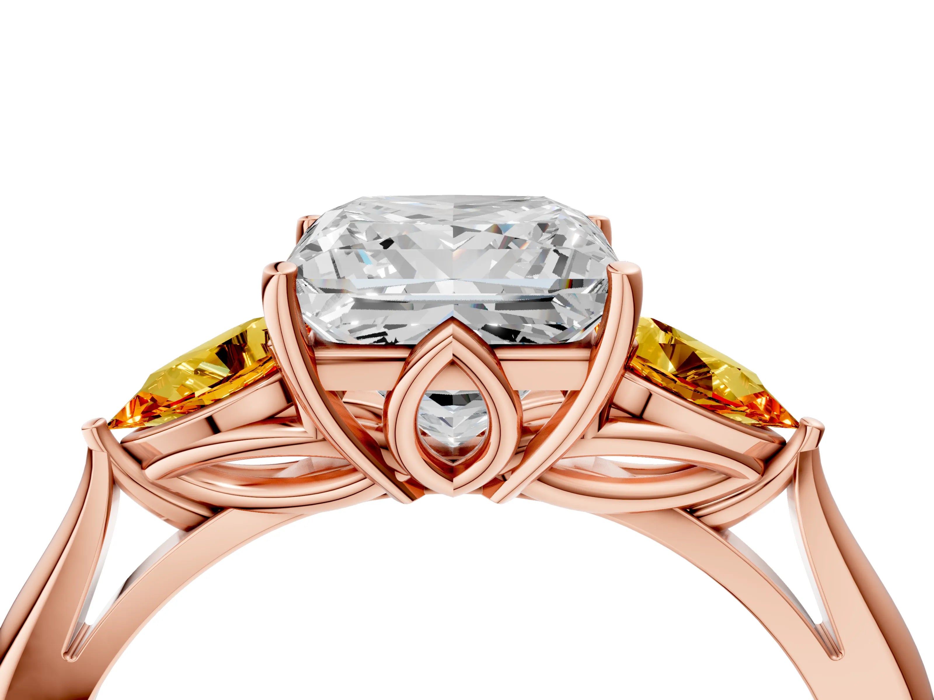 Rose gold Princess Cut Diamond Three-Stone Ring with Pear with Citrine side stone Side Stones and Prong Setting_4