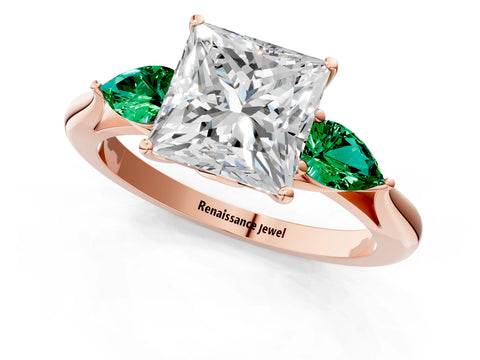 Rose gold Princess Cut Diamond Three-Stone Ring with Pear with Emerald side stone Side Stones and Prong Setting_1