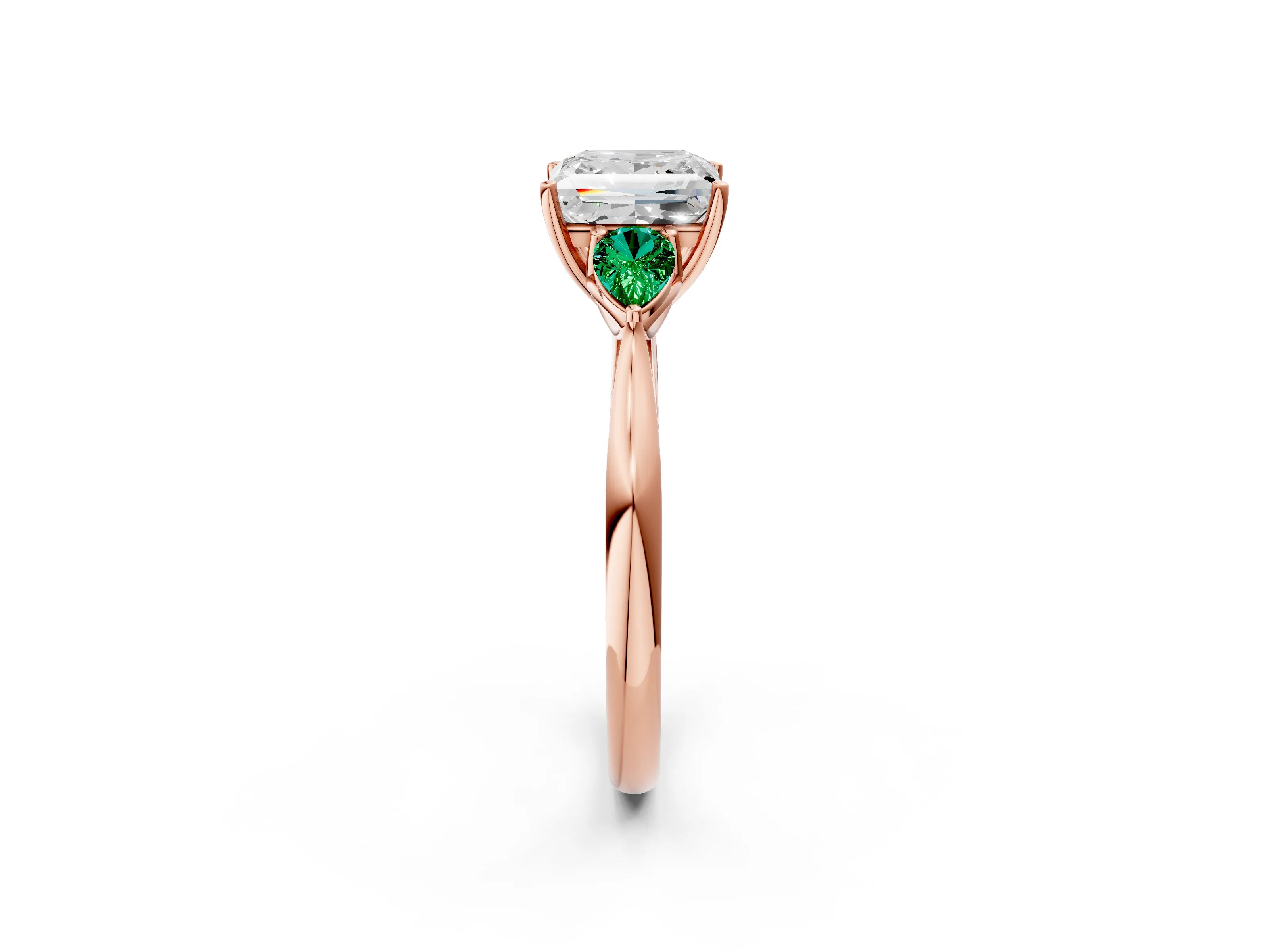 Rose gold Princess Cut Diamond Three-Stone Ring with Pear with Emerald side stone Side Stones and Prong Setting_2