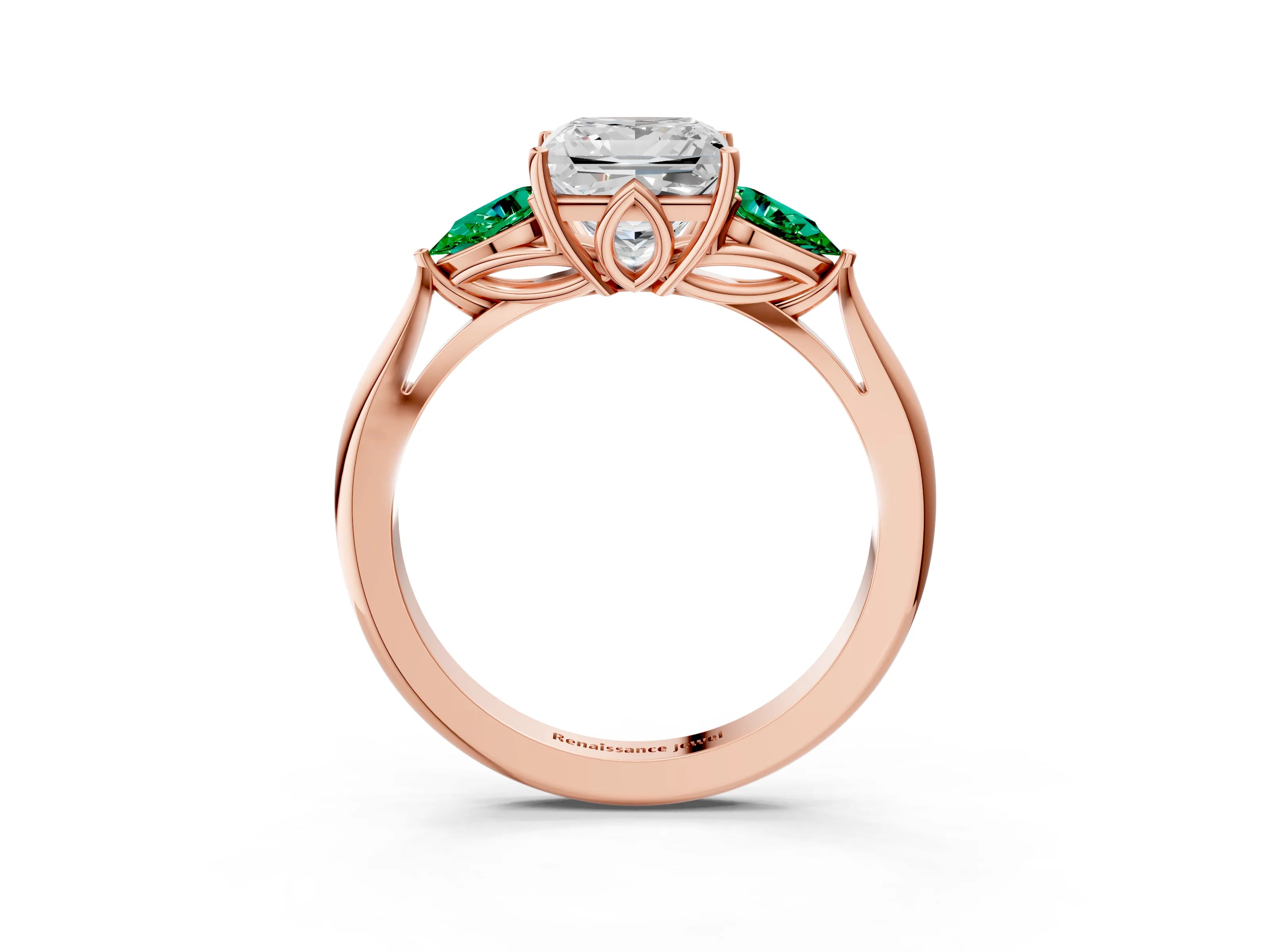 Rose gold Princess Cut Diamond Three-Stone Ring with Pear with Emerald side stone Side Stones and Prong Setting_3