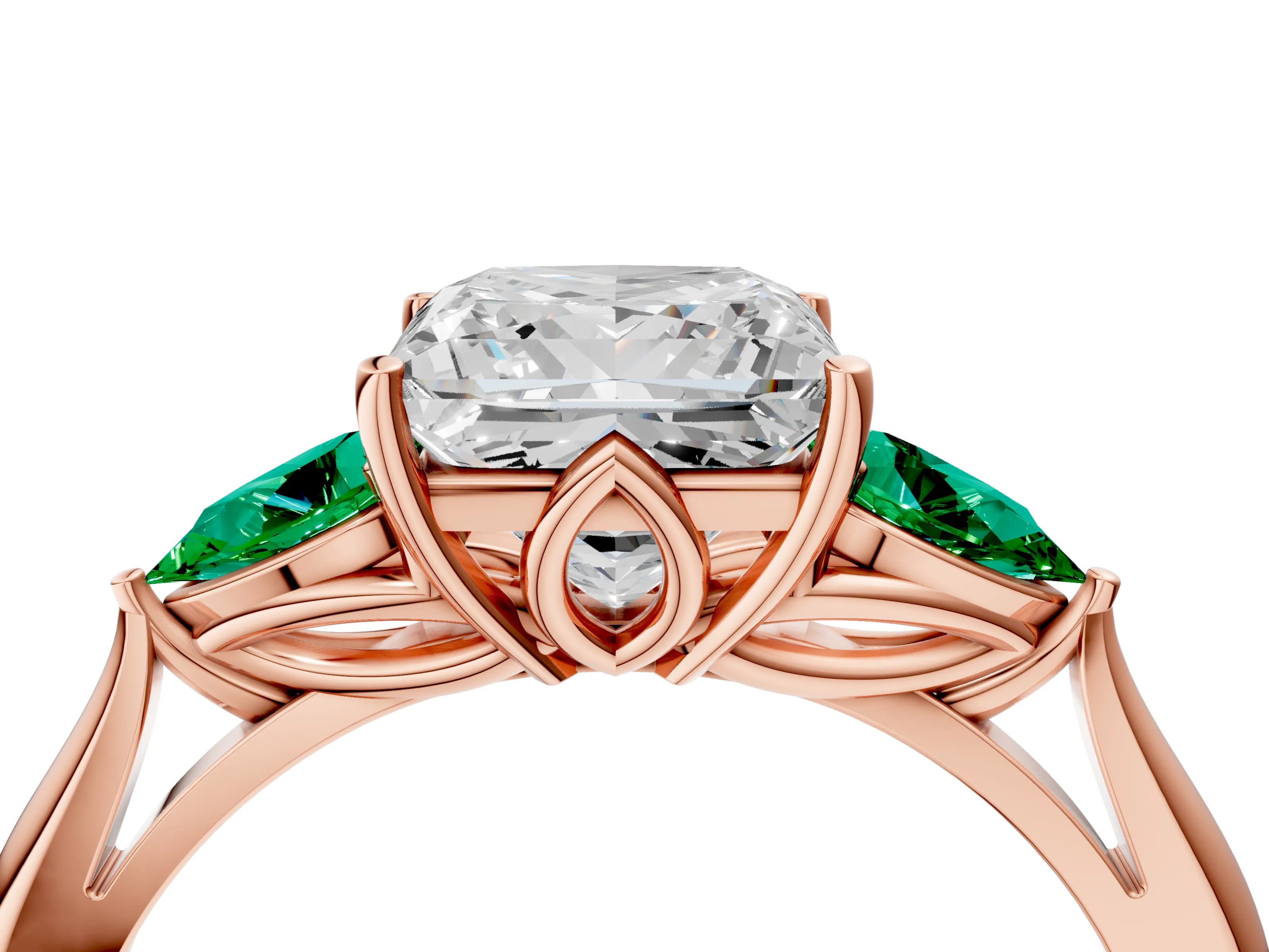 Rose gold Princess Cut Diamond Three-Stone Ring with Pear with Emerald side stone Side Stones and Prong Setting_4