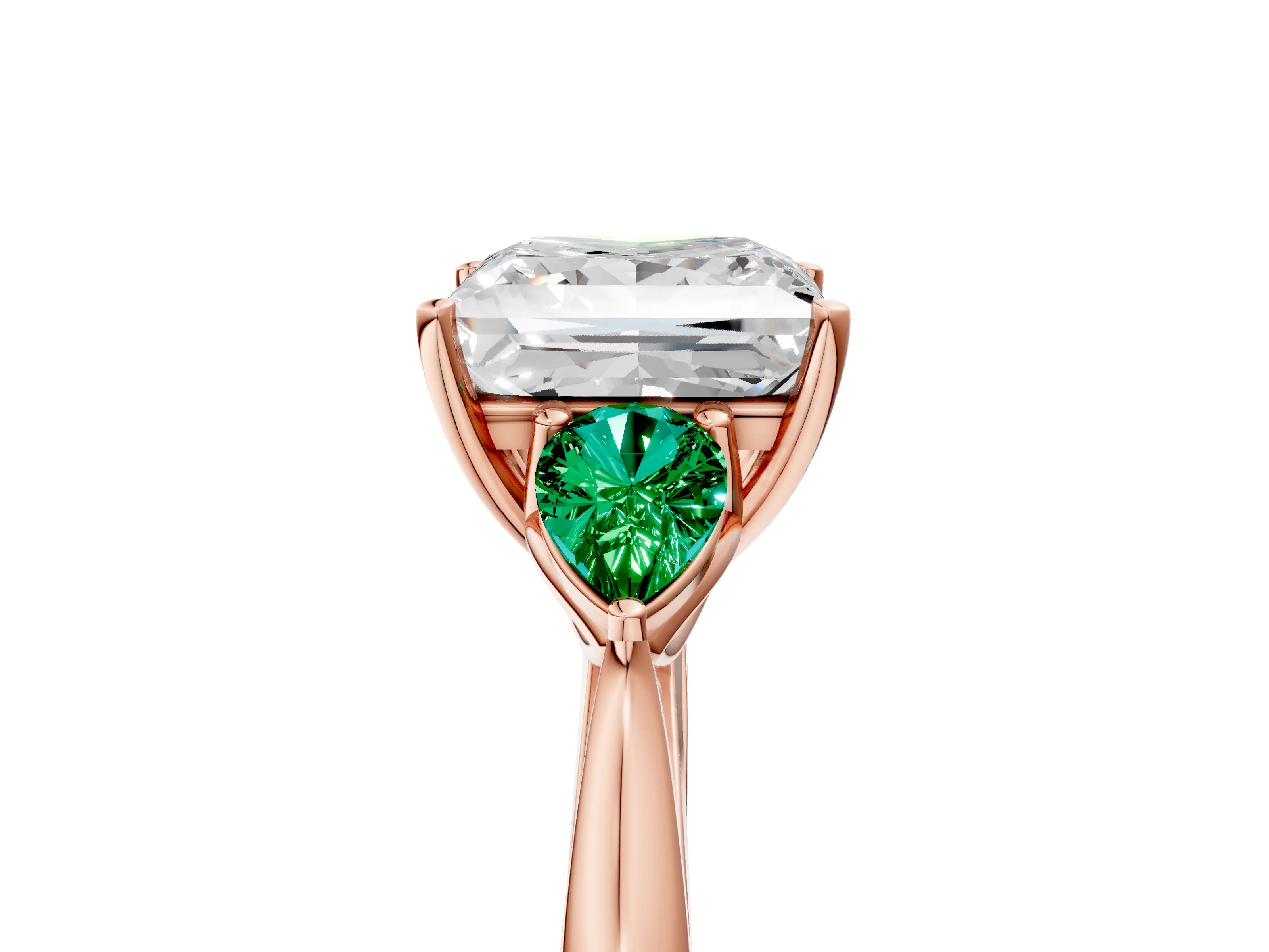 Rose gold Princess Cut Diamond Three-Stone Ring with Pear with Emerald side stone Side Stones and Prong Setting_5