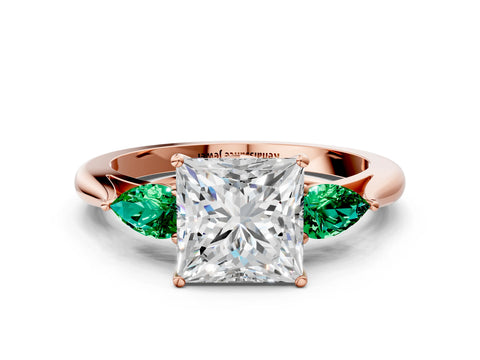 Rose gold Princess Cut Diamond Three-Stone Ring with Pear with Emerald side stone Side Stones and Prong Setting