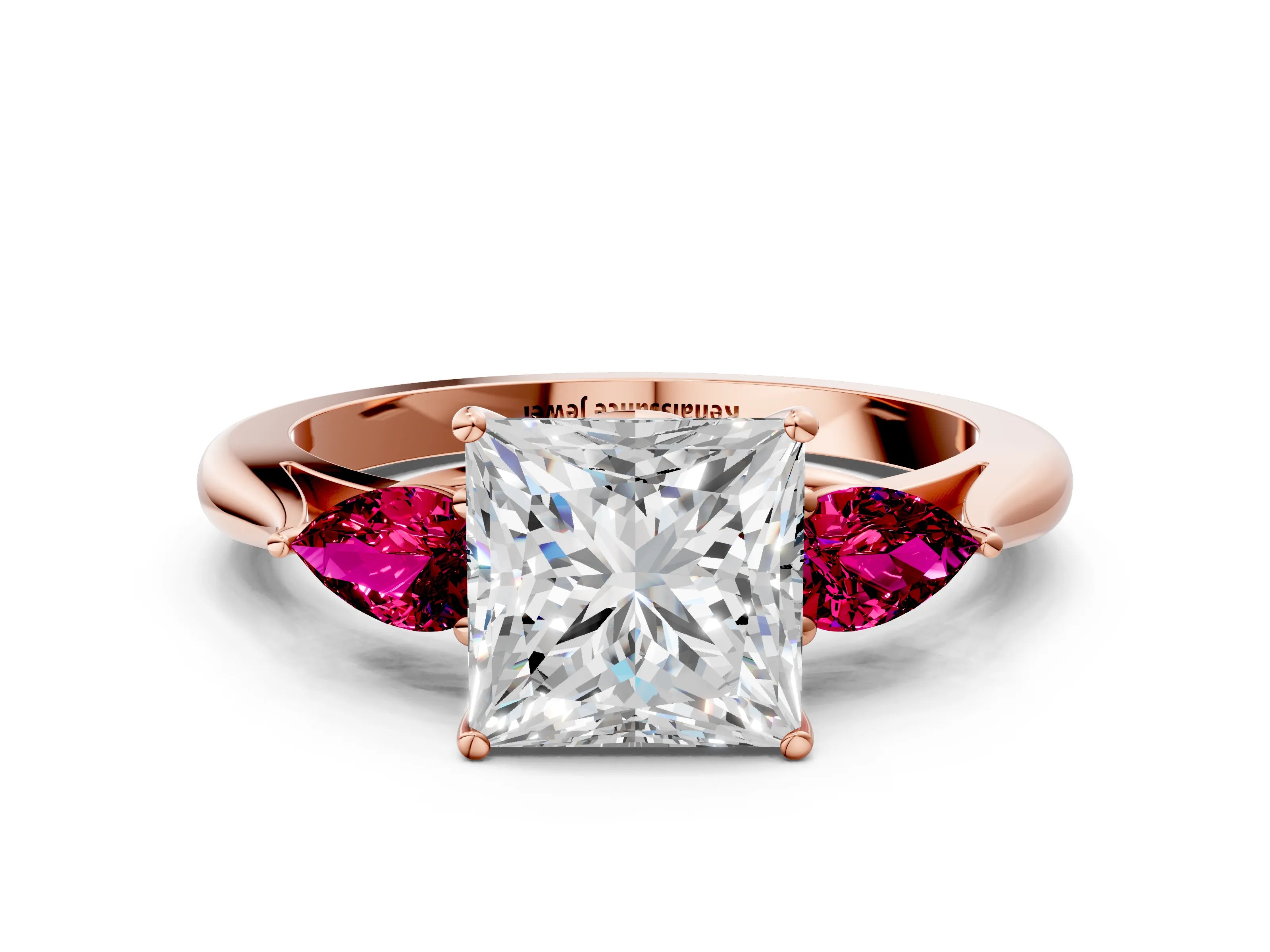 Rose gold Princess Cut Diamond Three-Stone Ring with Pear with Garnet side stone Side Stones and Prong Setting