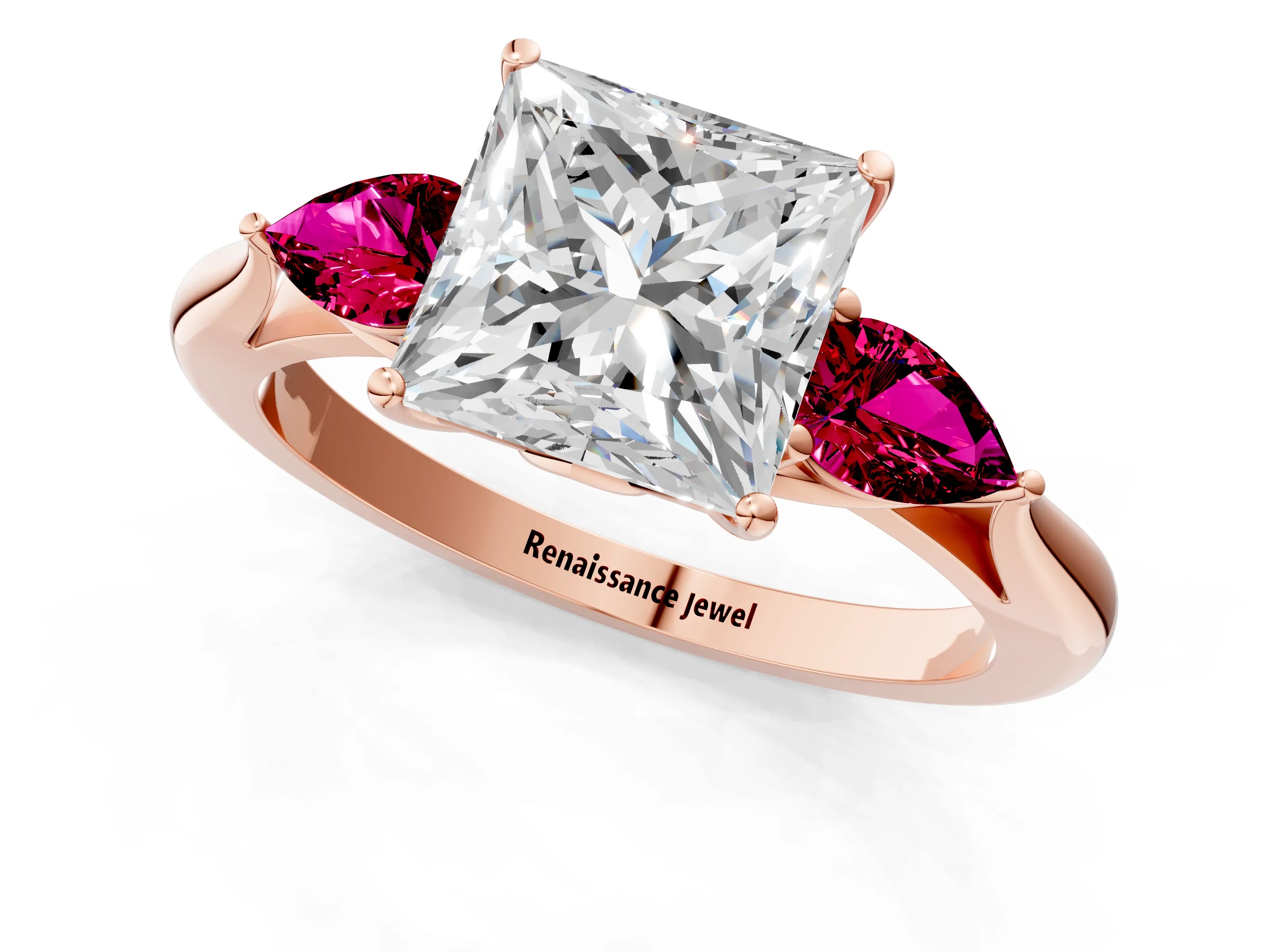 Rose gold Princess Cut Diamond Three-Stone Ring with Pear with Garnet side stone Side Stones and Prong Setting_1