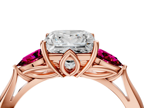 Rose gold Princess Cut Diamond Three-Stone Ring with Pear with Garnet side stone Side Stones and Prong Setting_4
