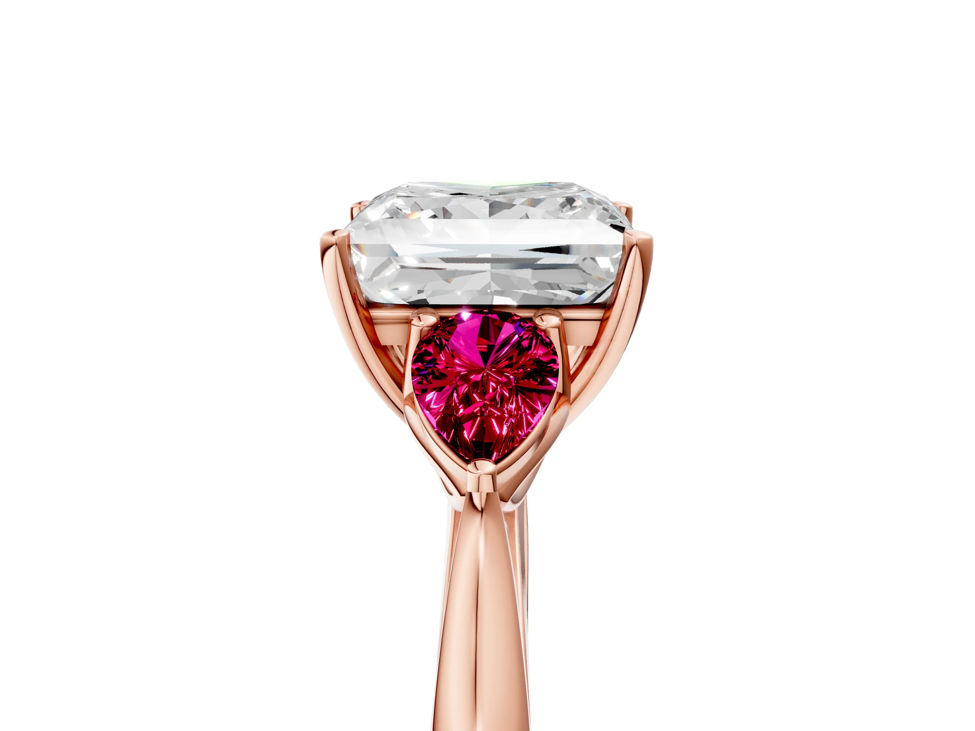 Rose gold Princess Cut Diamond Three-Stone Ring with Pear with Garnet side stone Side Stones and Prong Setting_5