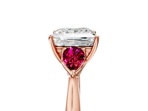 Rose gold Princess Cut Diamond Three-Stone Ring with Pear with Garnet side stone Side Stones and Prong Setting_5