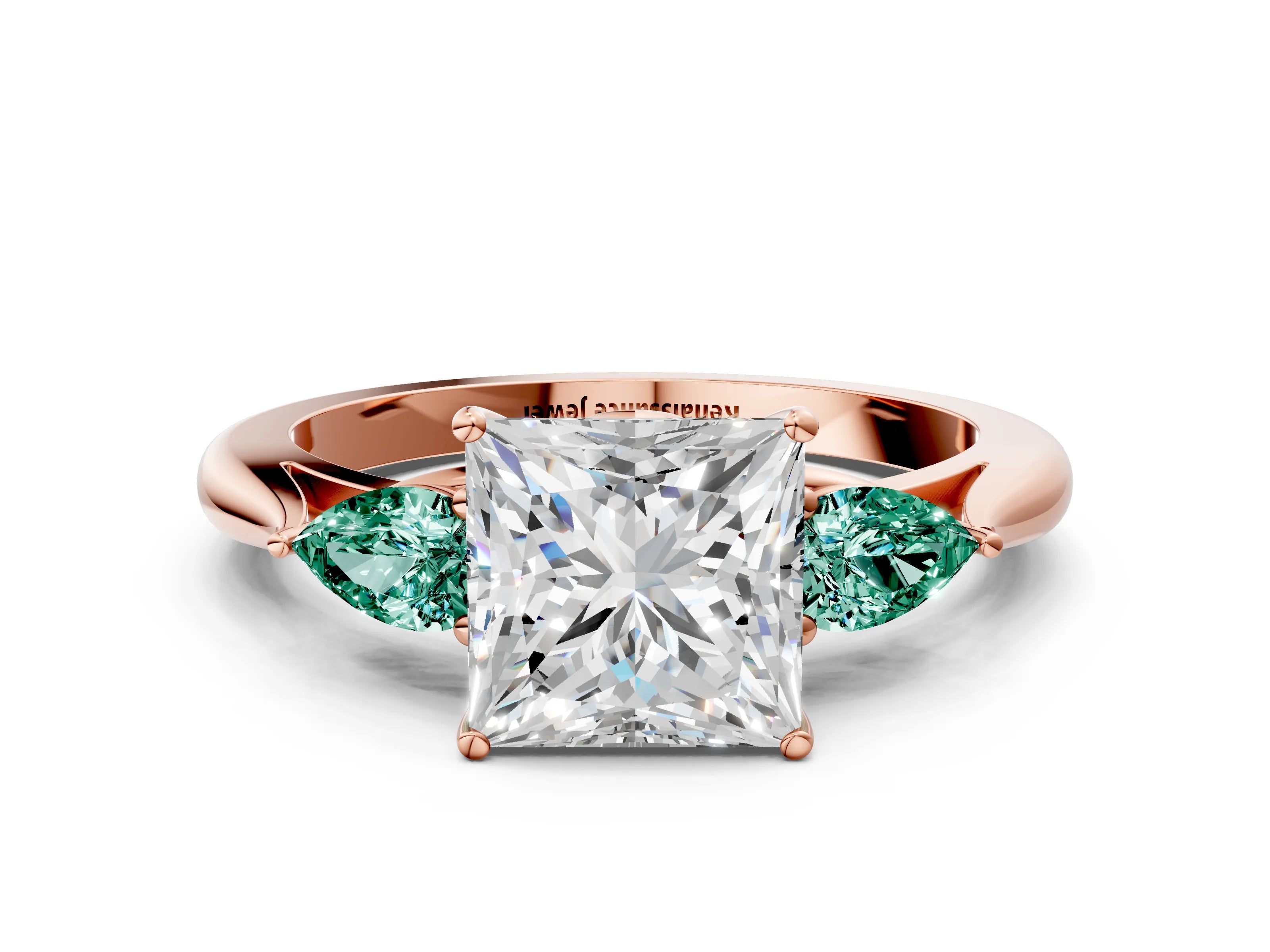 Rose gold Princess Cut Diamond Three-Stone Ring with Pear with Green Sapphire side stone Side Stones and Prong Setting