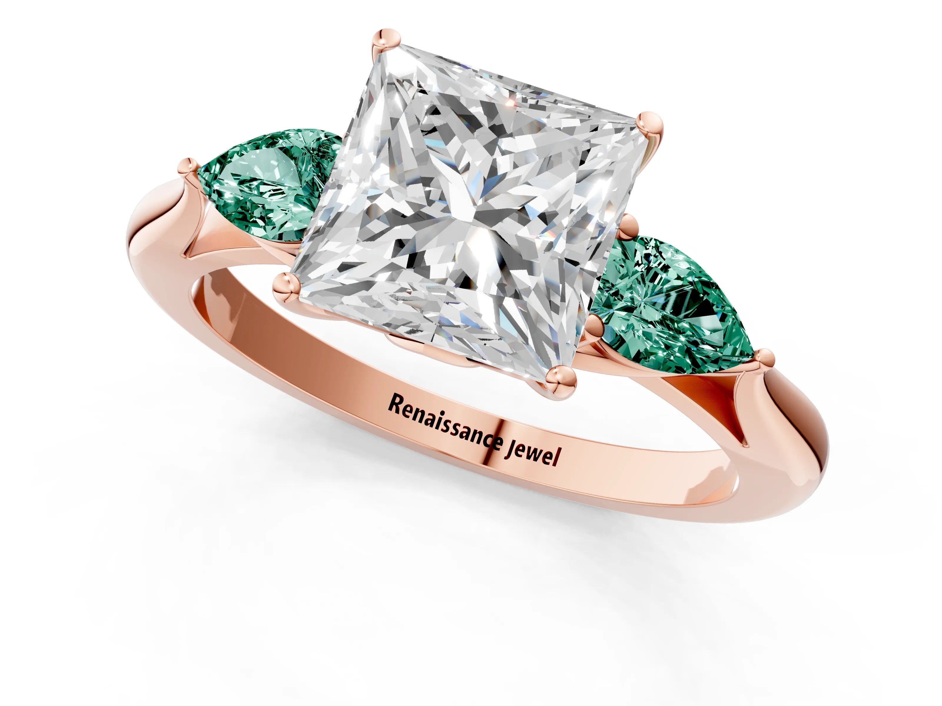 Rose gold Princess Cut Diamond Three-Stone Ring with Pear with Green Sapphire side stone Side Stones and Prong Setting_1