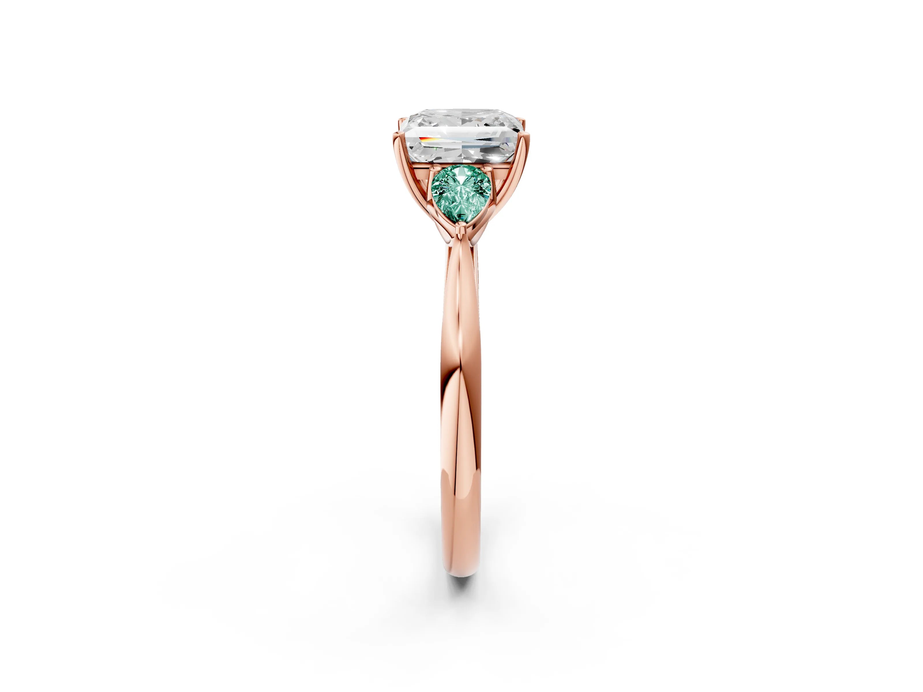 Rose gold Princess Cut Diamond Three-Stone Ring with Pear with Green Sapphire side stone Side Stones and Prong Setting_2