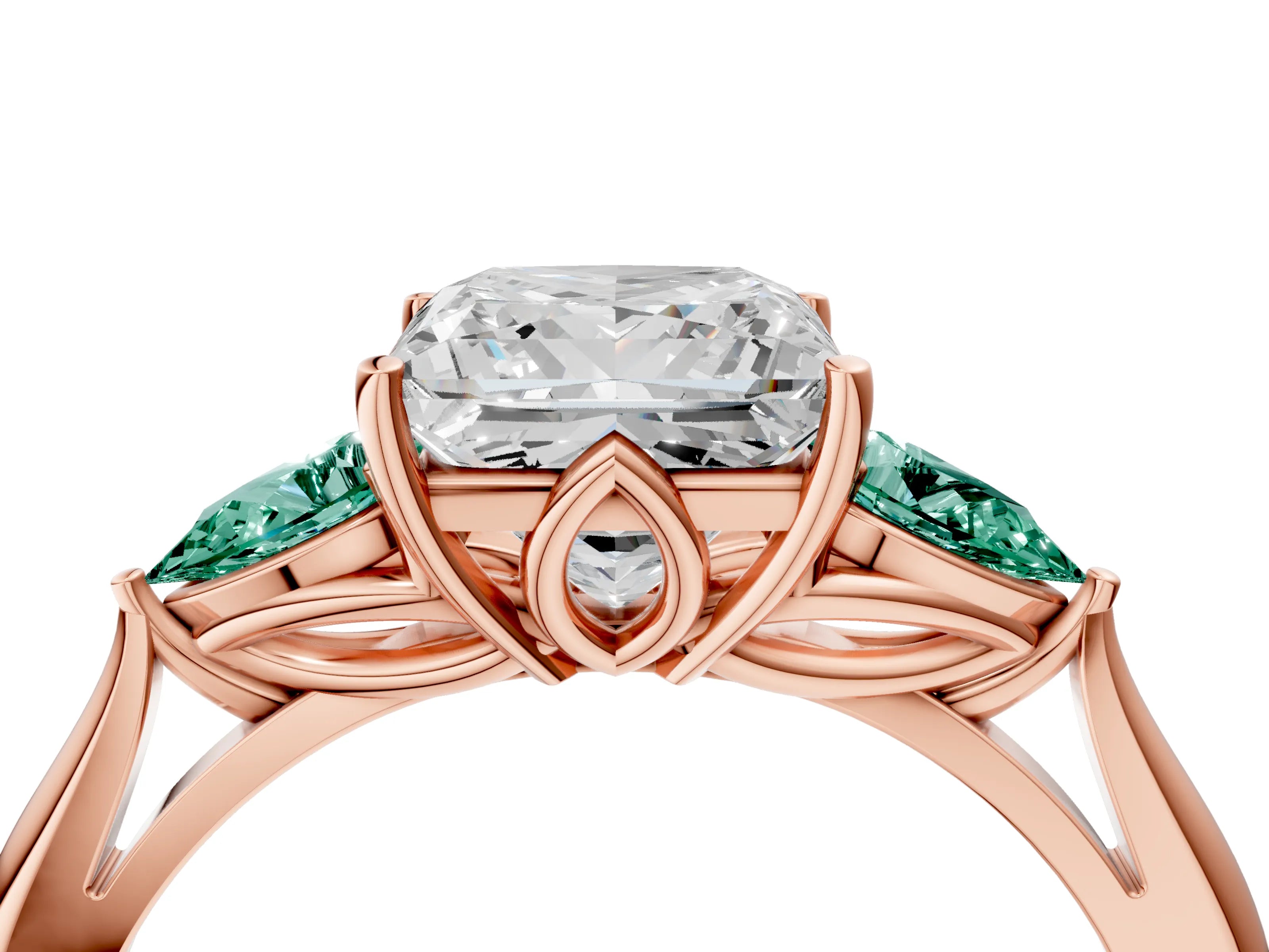 Rose gold Princess Cut Diamond Three-Stone Ring with Pear with Green Sapphire side stone Side Stones and Prong Setting_4