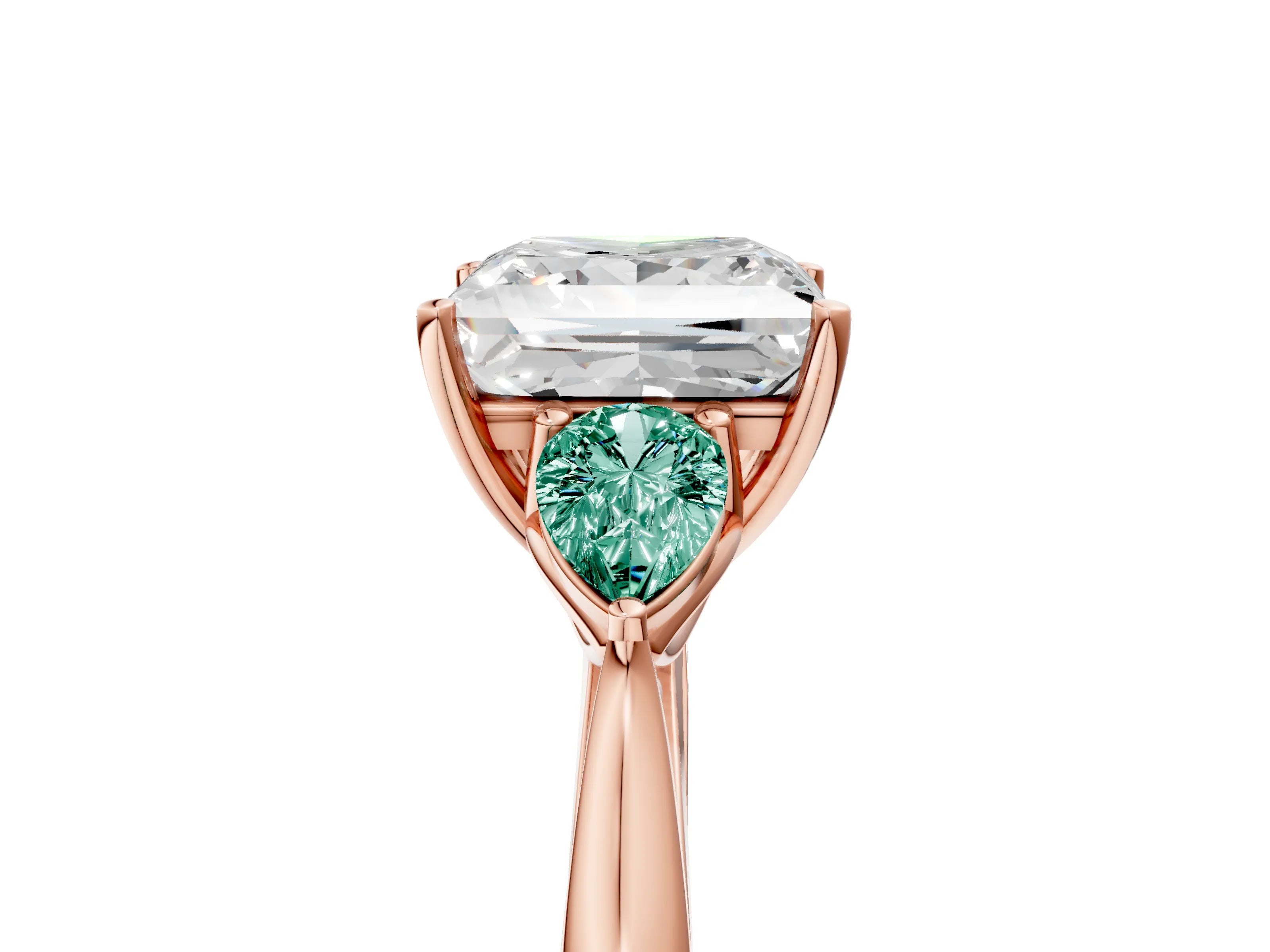 Rose gold Princess Cut Diamond Three-Stone Ring with Pear with Green Sapphire side stone Side Stones and Prong Setting_5