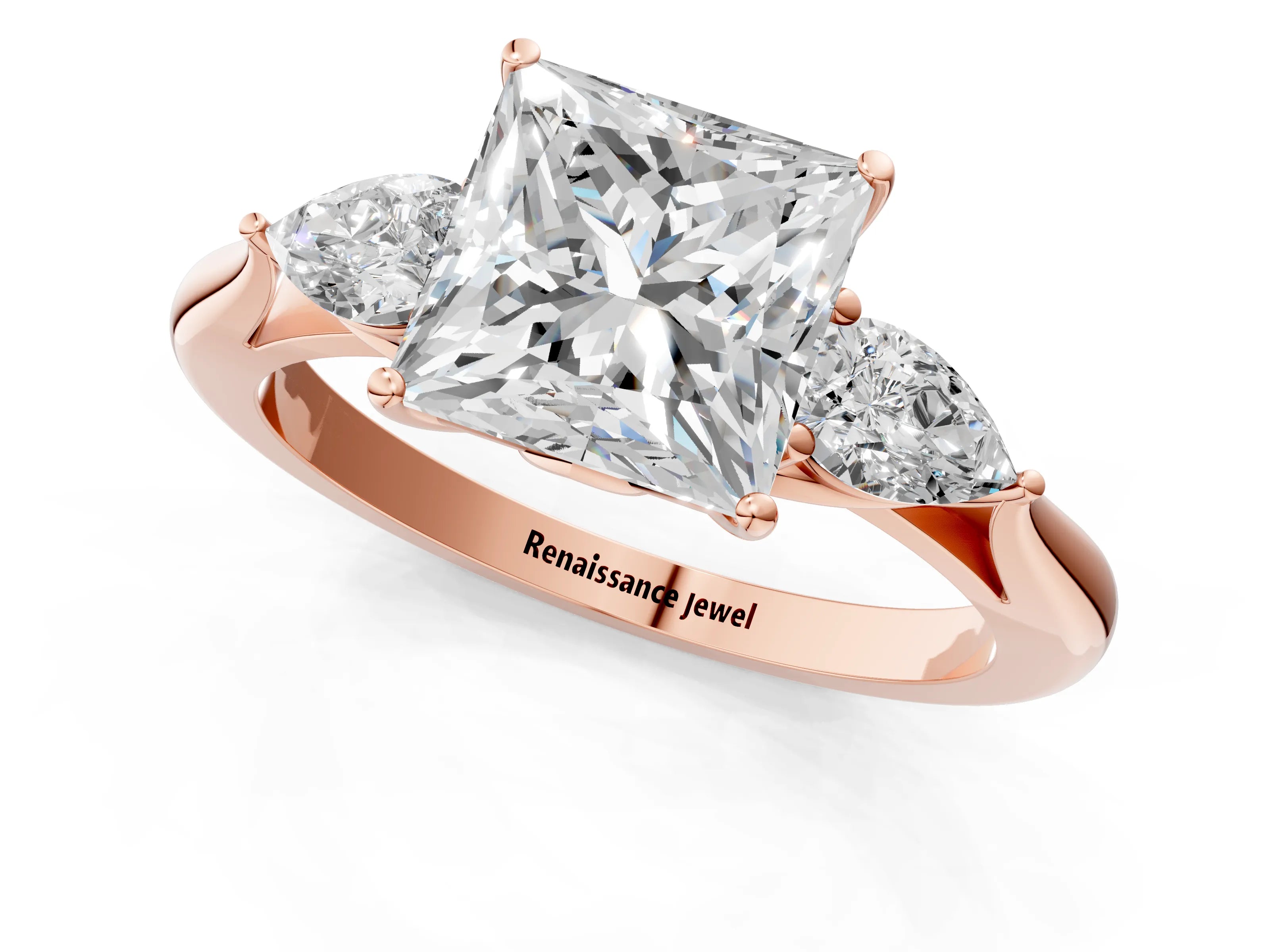 Rose gold Princess Cut Diamond Three-Stone Ring with Pear with Moissanite side stone Side Stones and Prong Setting_1