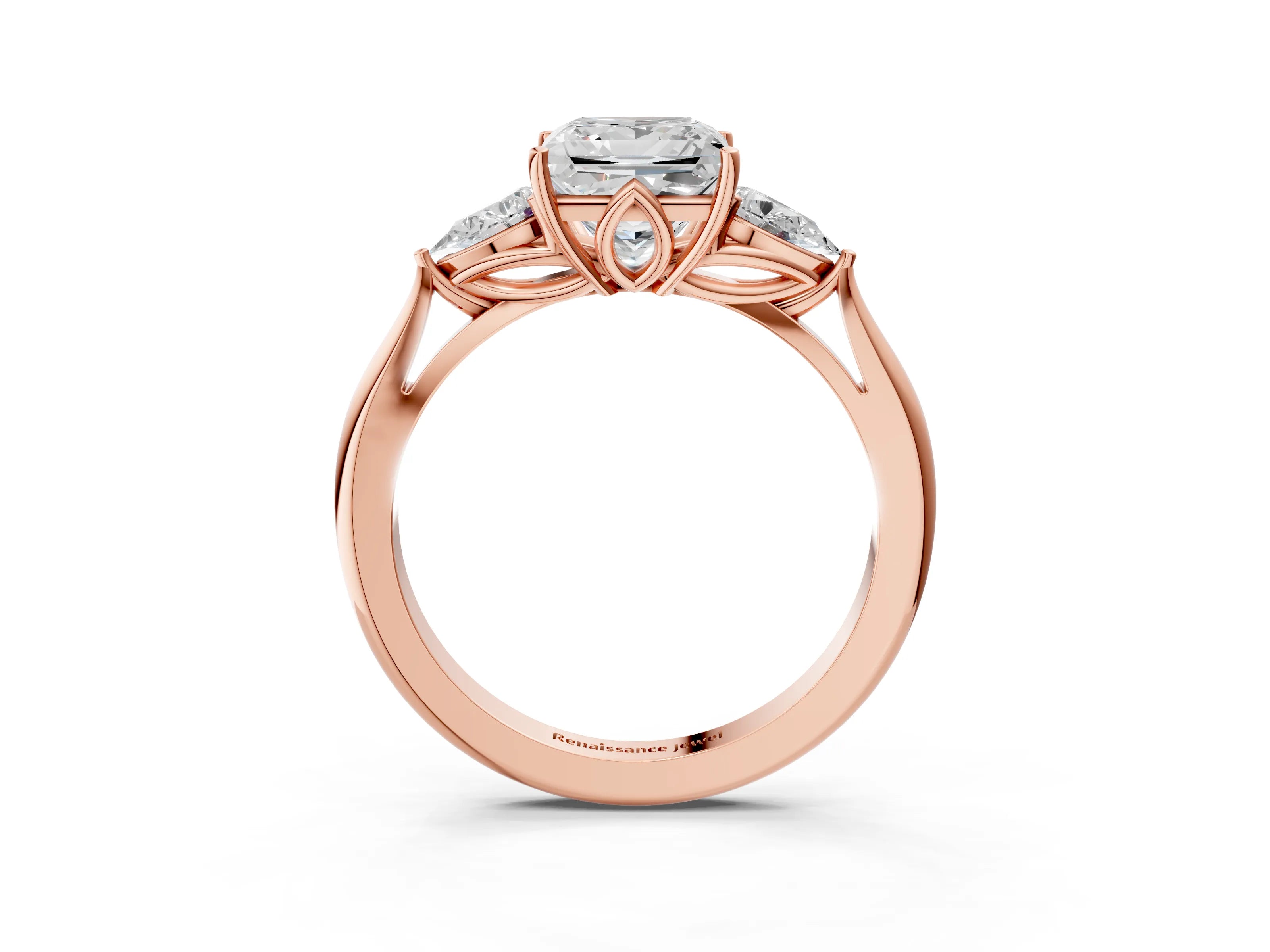 Rose gold Princess Cut Diamond Three-Stone Ring with Pear with Moissanite side stone Side Stones and Prong Setting_3