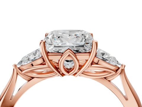 Rose gold Princess Cut Diamond Three-Stone Ring with Pear with Moissanite side stone Side Stones and Prong Setting_4