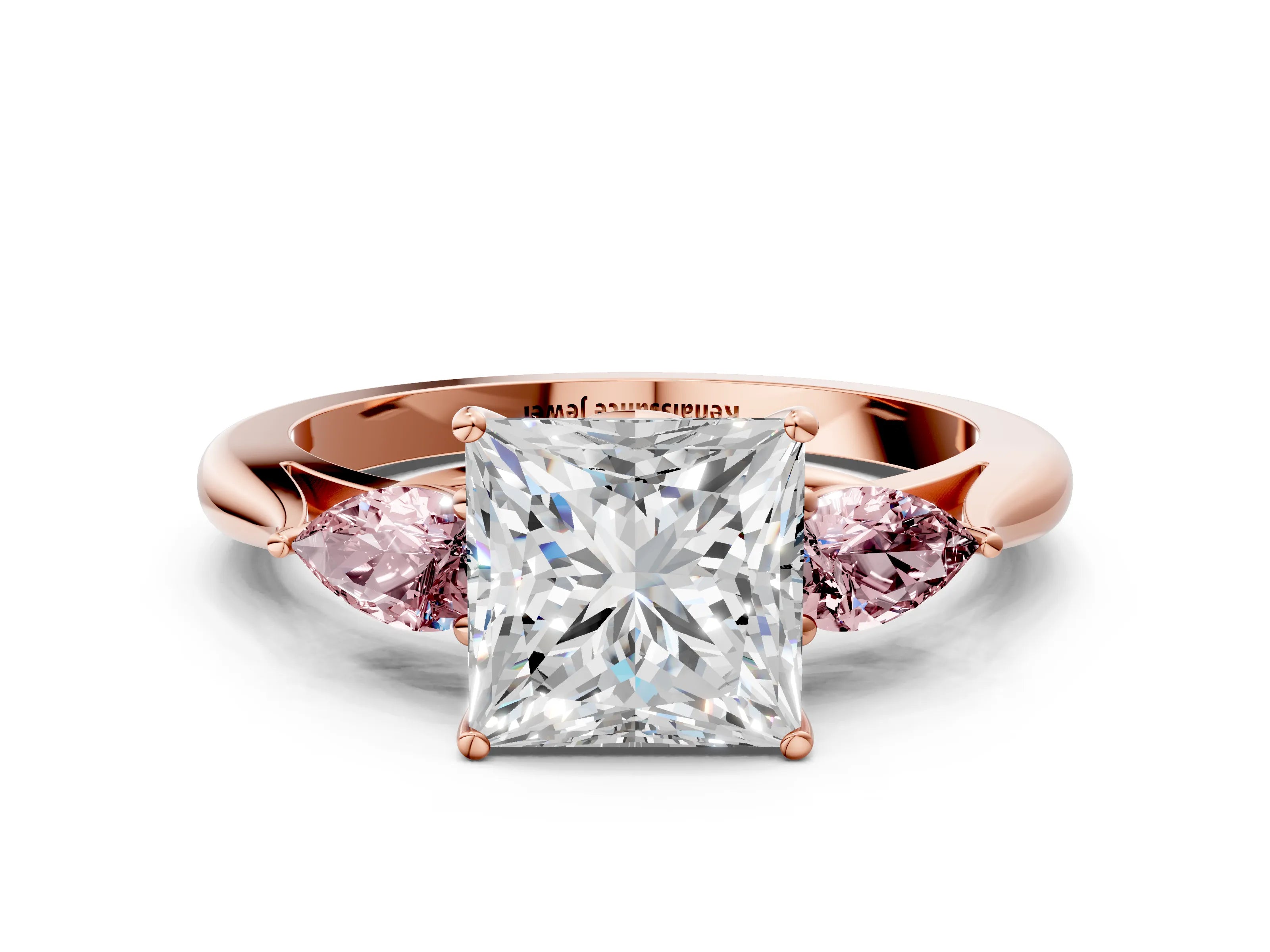 Rose gold Princess Cut Diamond Three-Stone Ring with Pear with Morganite side stone Side Stones and Prong Setting