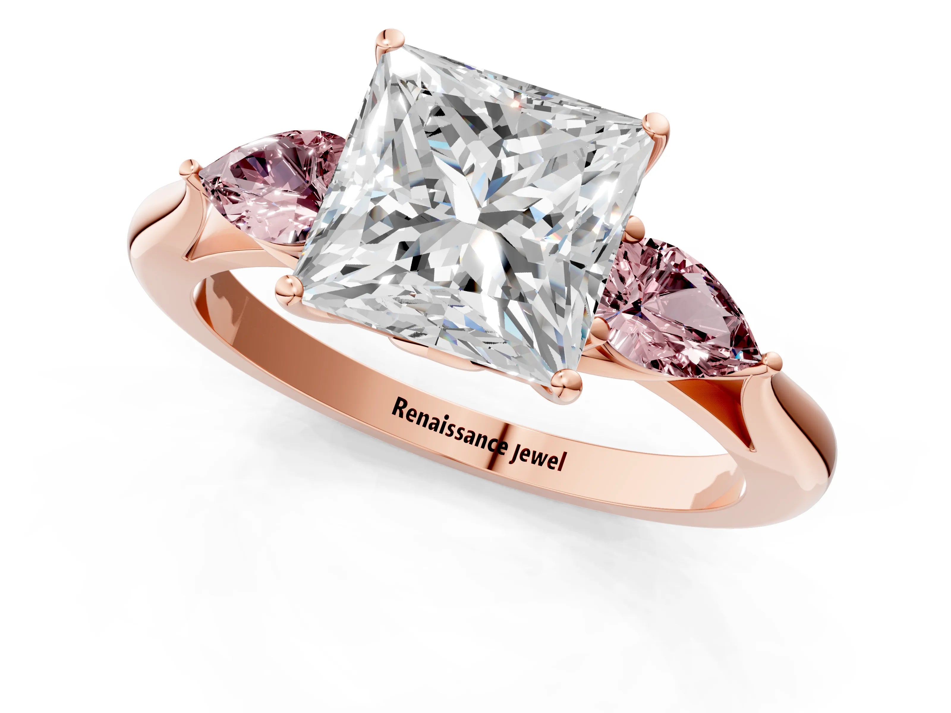 Rose gold Princess Cut Diamond Three-Stone Ring with Pear with Morganite side stone Side Stones and Prong Setting_1