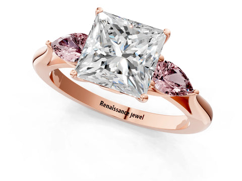 Rose gold Princess Cut Diamond Three-Stone Ring with Pear with Morganite side stone Side Stones and Prong Setting_1