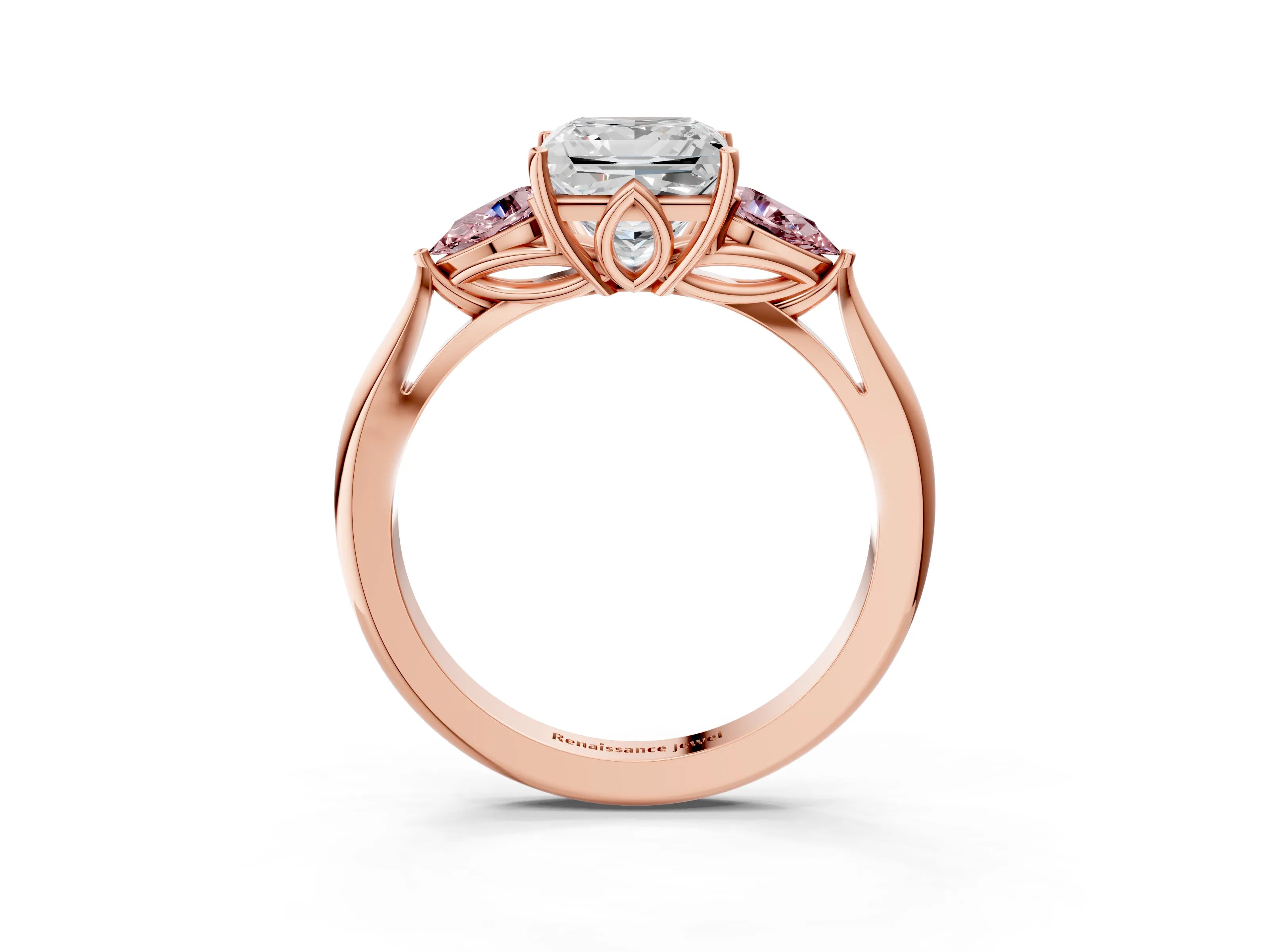 Rose gold Princess Cut Diamond Three-Stone Ring with Pear with Morganite side stone Side Stones and Prong Setting_3