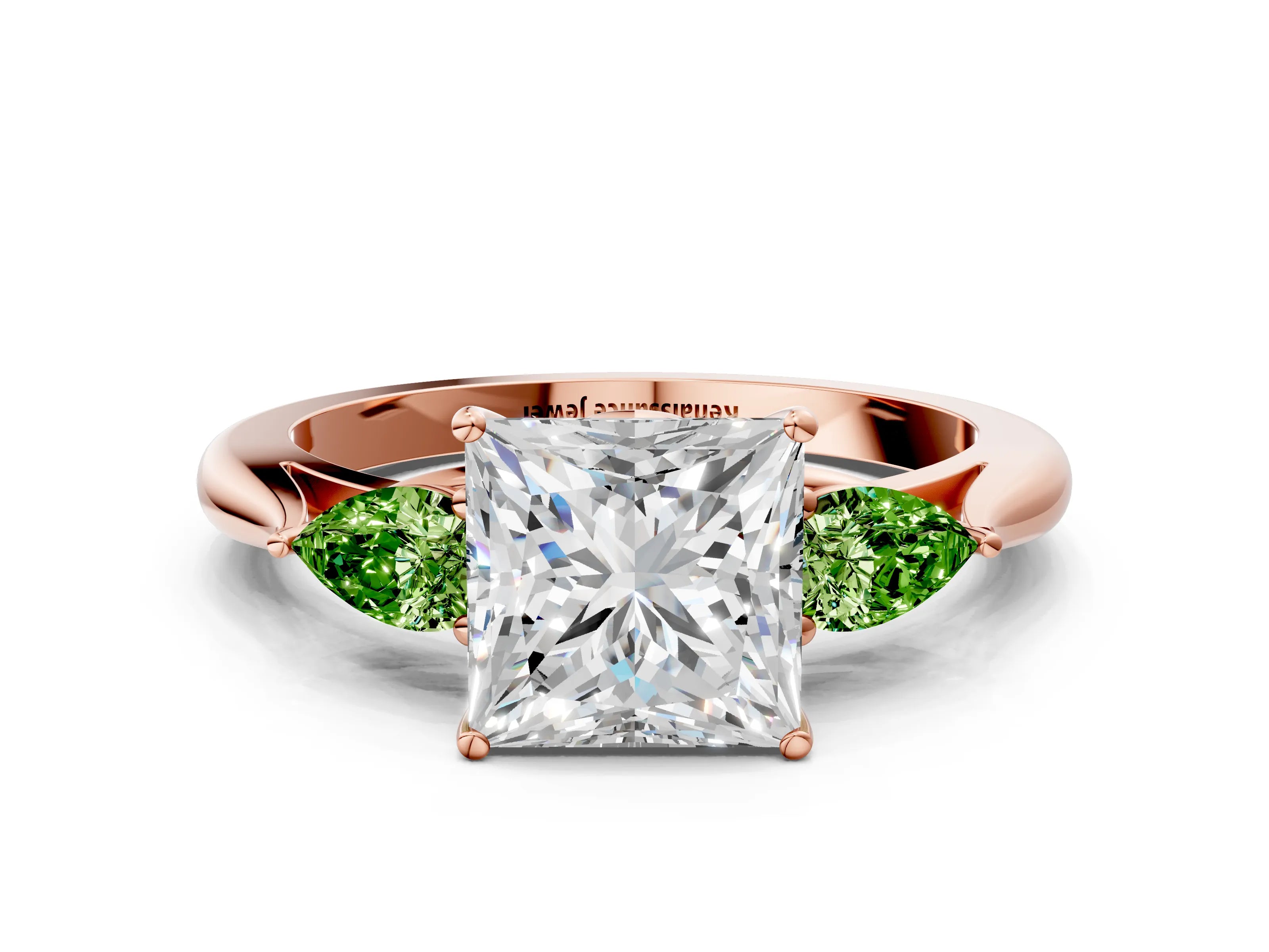 Rose gold Princess Cut Diamond Three-Stone Ring with Pear with Peridot side stone Side Stones and Prong Setting
