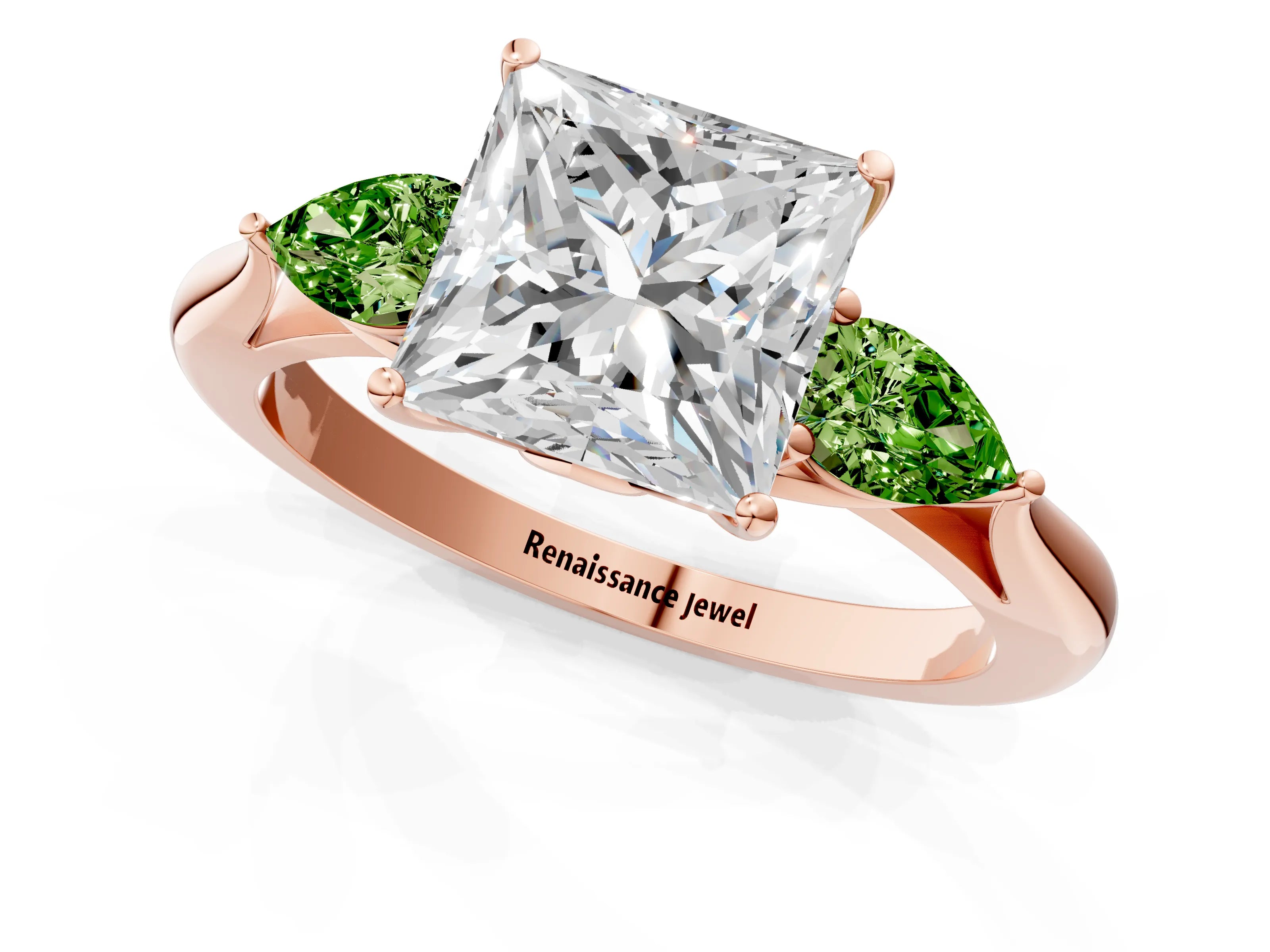 Rose gold Princess Cut Diamond Three-Stone Ring with Pear with Peridot side stone Side Stones and Prong Setting_1