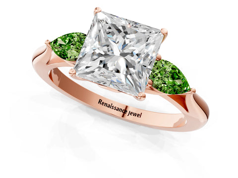 Rose gold Princess Cut Diamond Three-Stone Ring with Pear with Peridot side stone Side Stones and Prong Setting_1