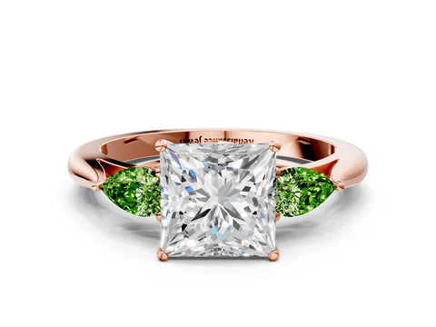 Rose gold Princess Cut Diamond Three-Stone Ring with Pear with Peridot side stone Side Stones and Prong Setting