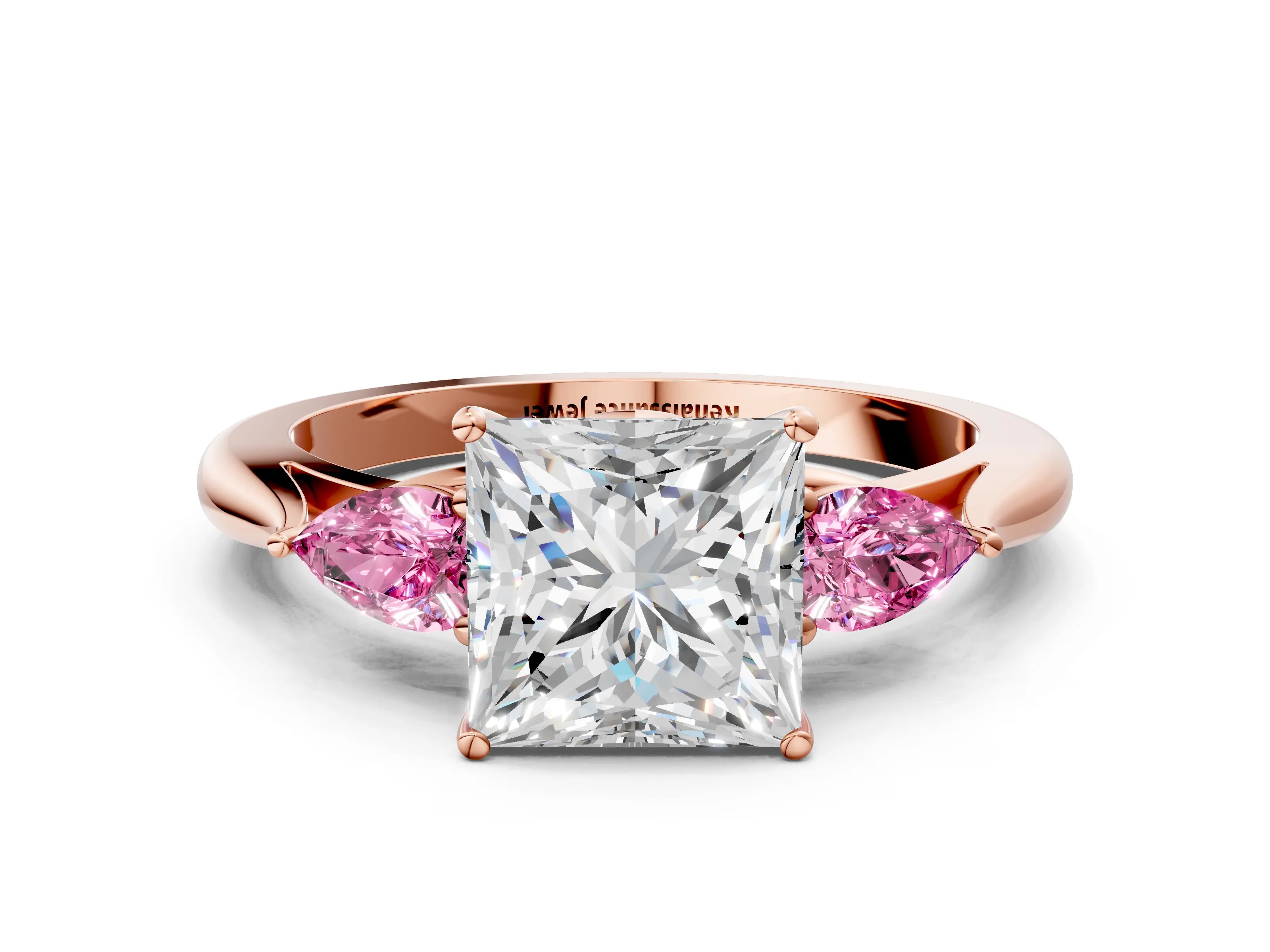 Rose gold Princess Cut Diamond Three-Stone Ring with Pear with Pink Sapphire side stone Side Stones and Prong Setting