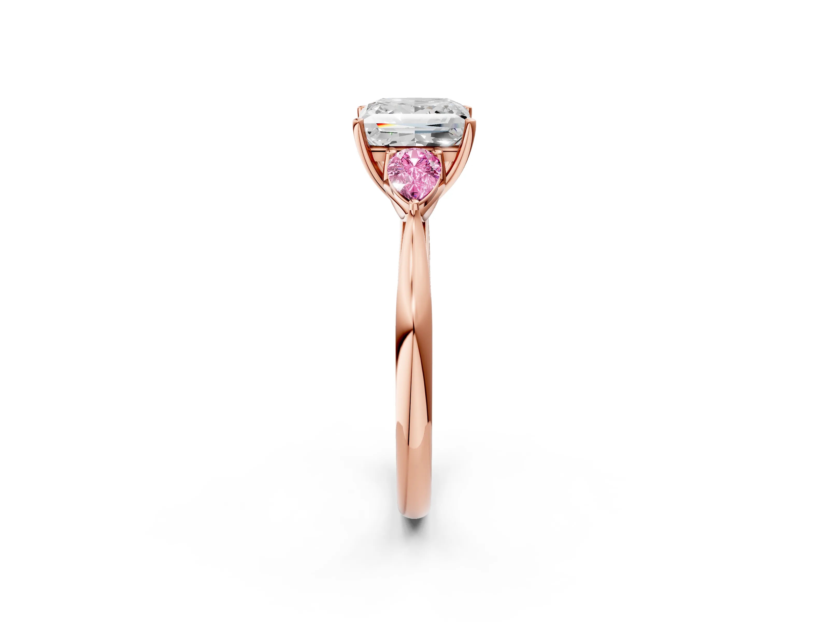Rose gold Princess Cut Diamond Three-Stone Ring with Pear with Pink Sapphire side stone Side Stones and Prong Setting_2