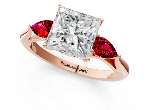 Rose gold Princess Cut Diamond Three-Stone Ring with Pear with Ruby side stone Side Stones and Prong Setting_1