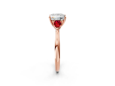 Rose gold Princess Cut Diamond Three-Stone Ring with Pear with Ruby side stone Side Stones and Prong Setting_2