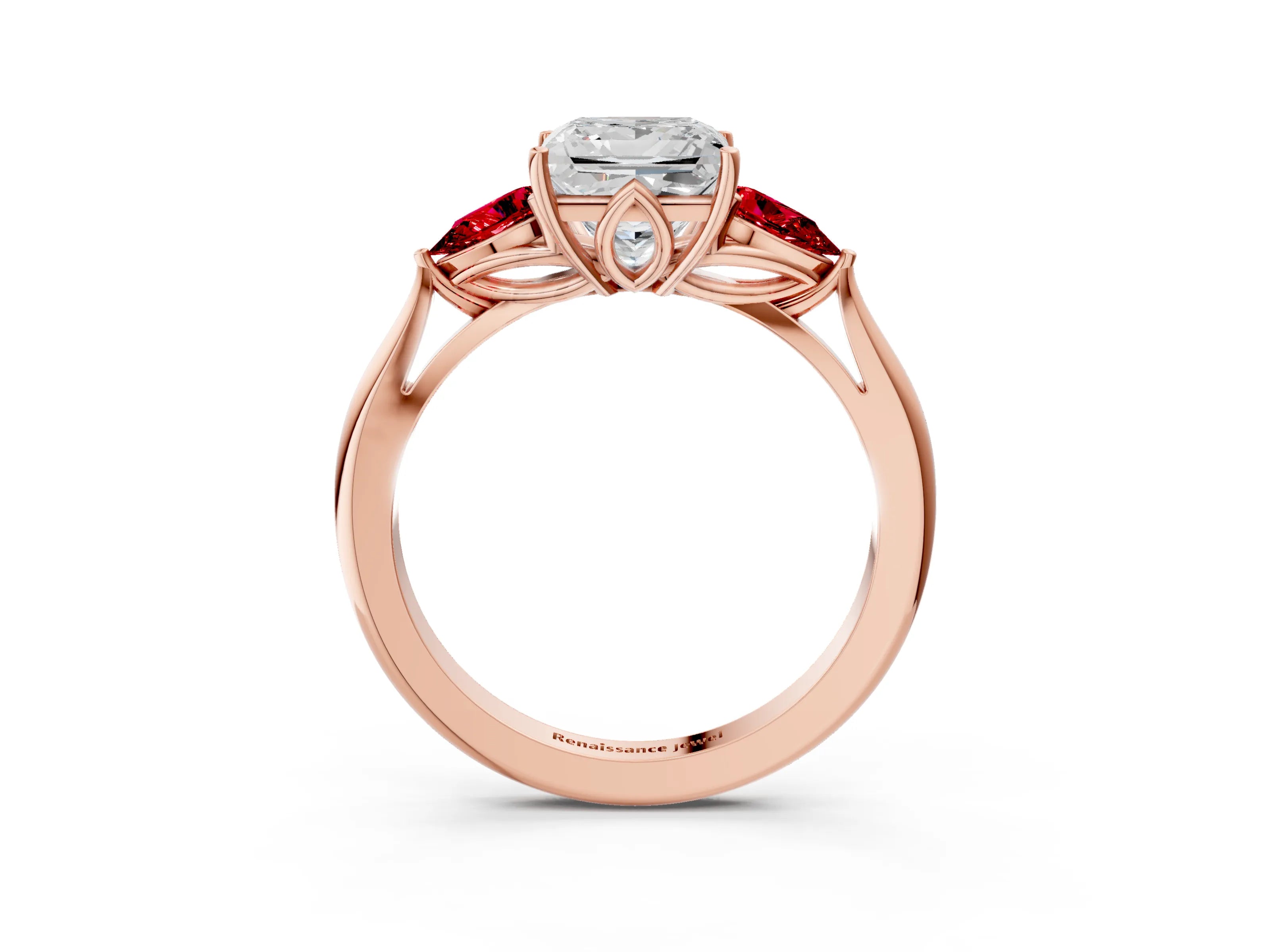 Rose gold Princess Cut Diamond Three-Stone Ring with Pear with Ruby side stone Side Stones and Prong Setting_3