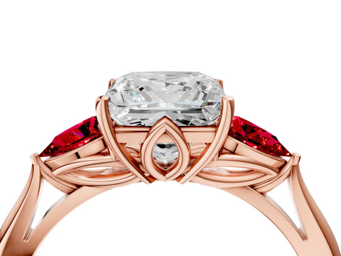 Rose gold Princess Cut Diamond Three-Stone Ring with Pear with Ruby side stone Side Stones and Prong Setting_4