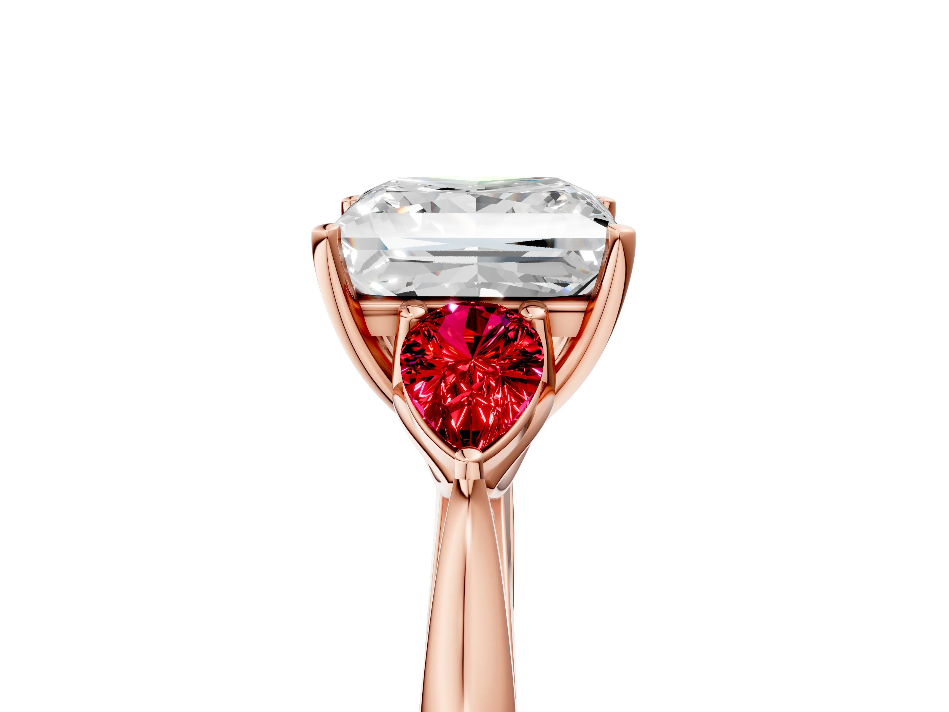 Rose gold Princess Cut Diamond Three-Stone Ring with Pear with Ruby side stone Side Stones and Prong Setting_5