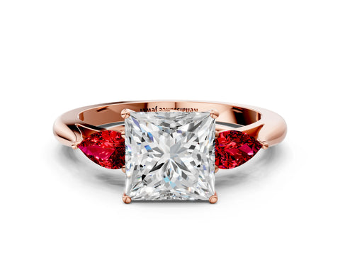 Rose gold Princess Cut Diamond Three-Stone Ring with Pear with Ruby side stone Side Stones and Prong Setting