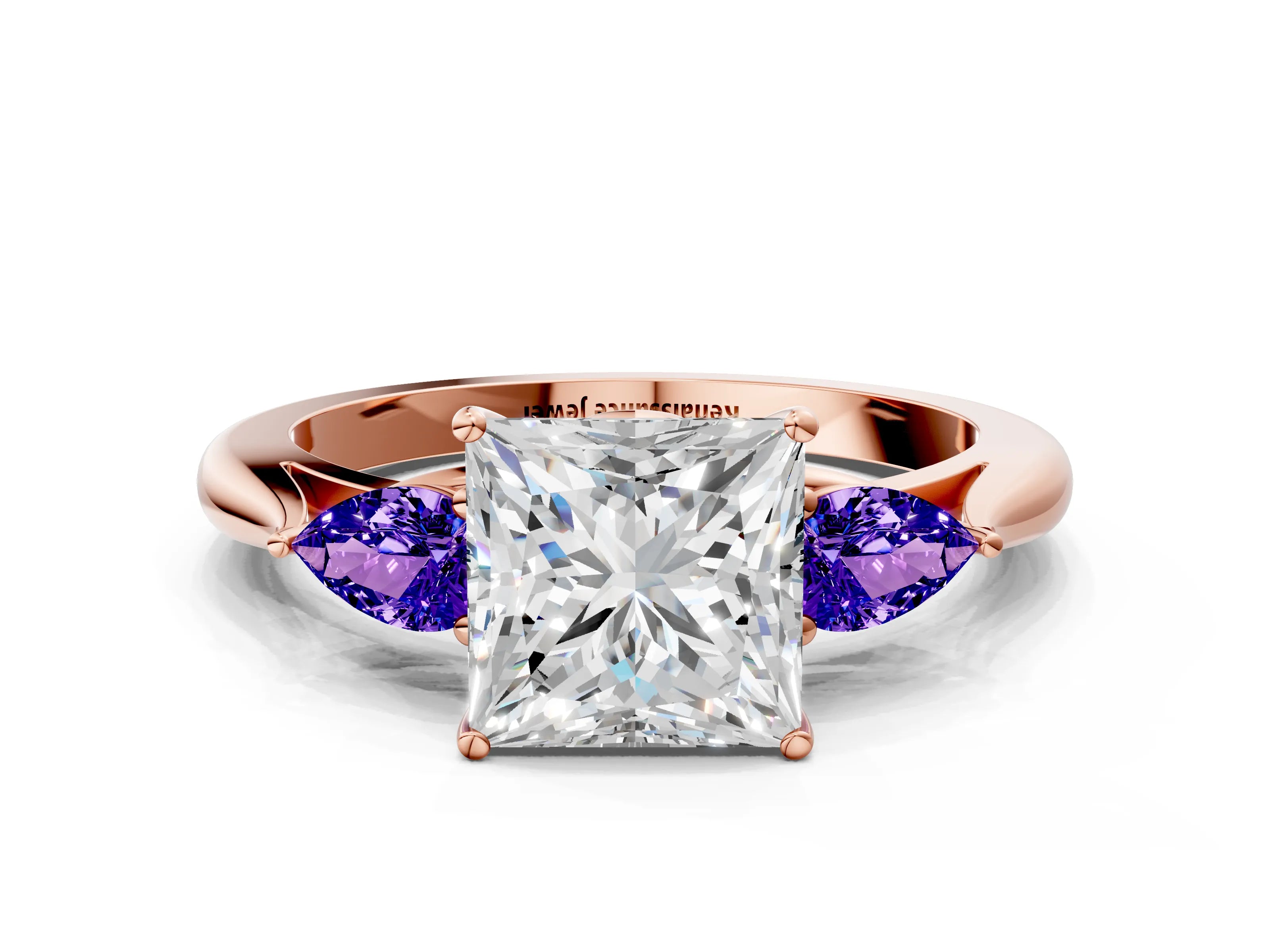 Rose gold Princess Cut Diamond Three-Stone Ring with Pear with Tanzanite side stone Side Stones and Prong Setting