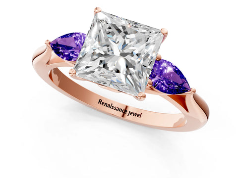 Rose gold Princess Cut Diamond Three-Stone Ring with Pear with Tanzanite side stone Side Stones and Prong Setting_1