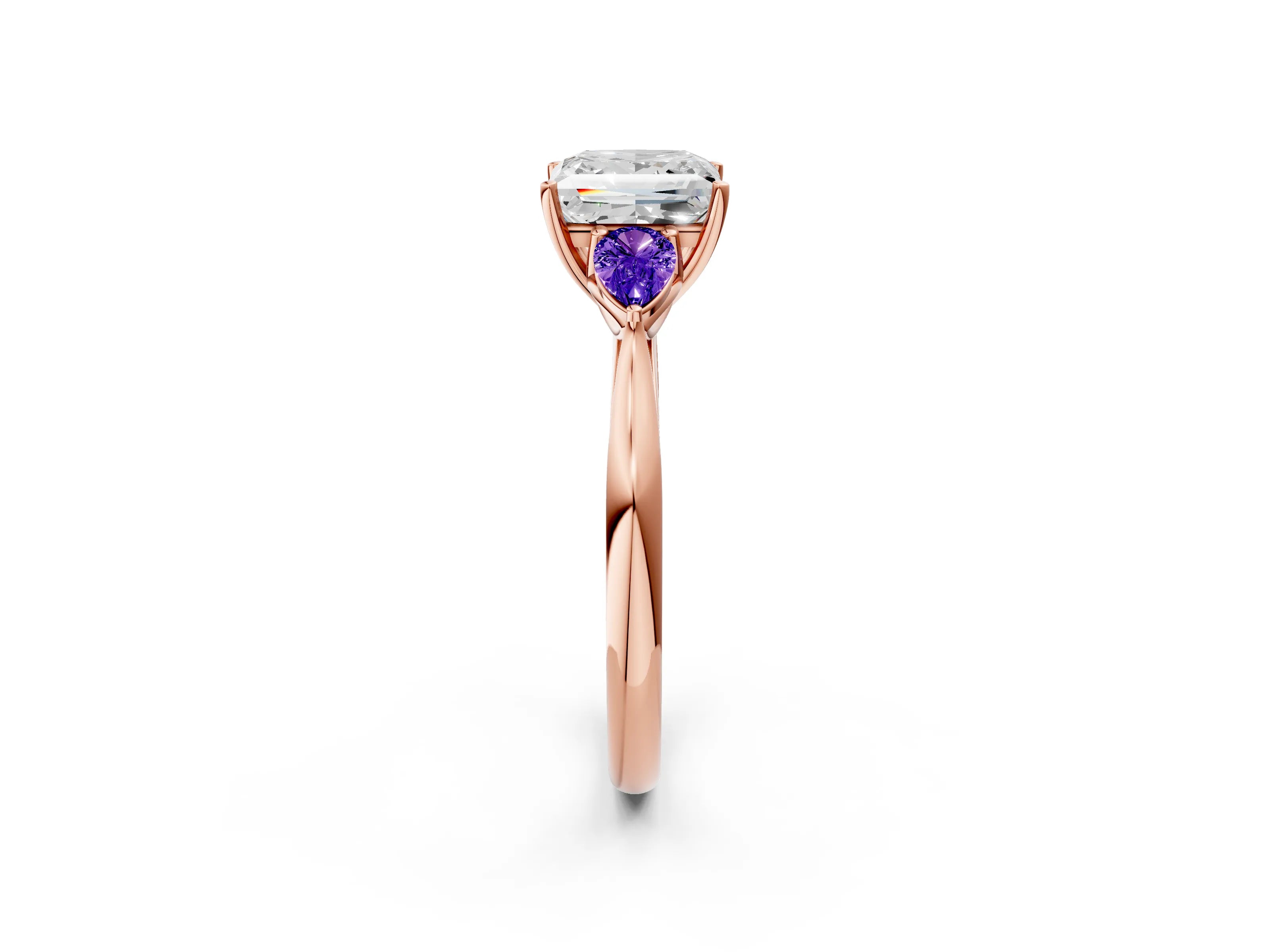 Rose gold Princess Cut Diamond Three-Stone Ring with Pear with Tanzanite side stone Side Stones and Prong Setting_2