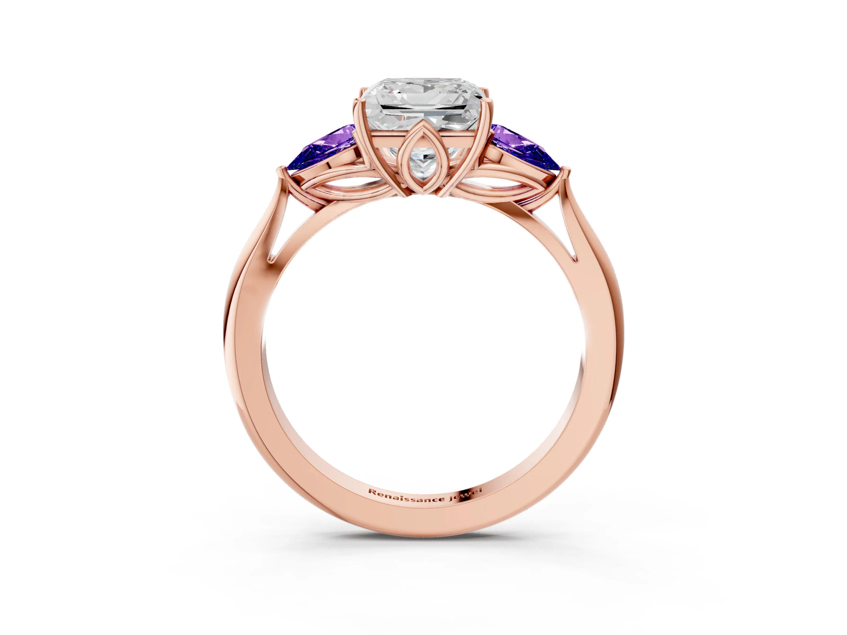 Rose gold Princess Cut Diamond Three-Stone Ring with Pear with Tanzanite side stone Side Stones and Prong Setting_3