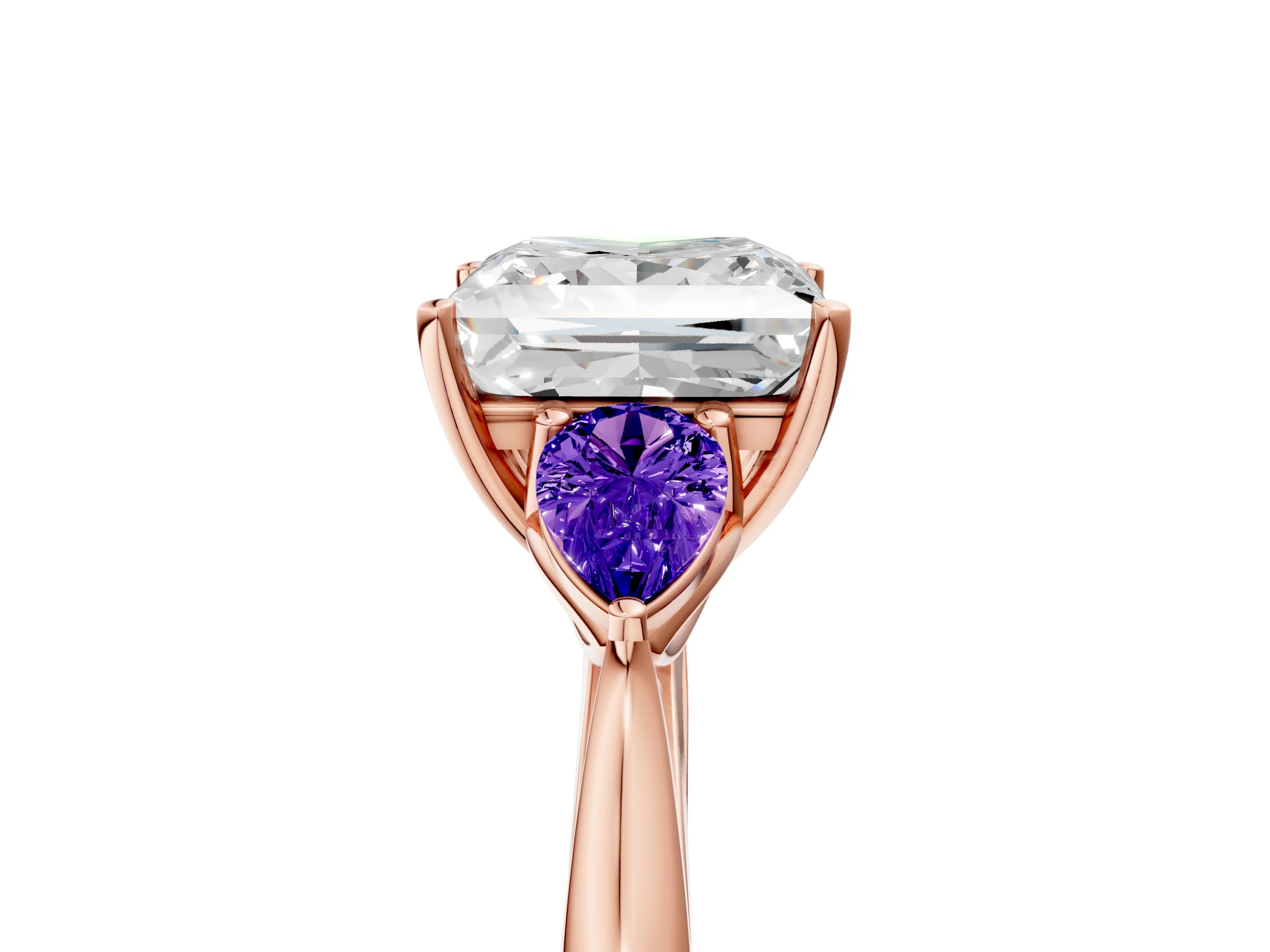Rose gold Princess Cut Diamond Three-Stone Ring with Pear with Tanzanite side stone Side Stones and Prong Setting_5