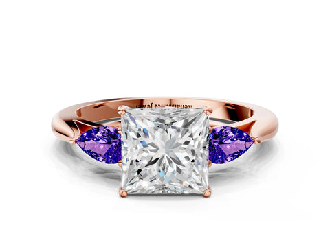 Rose gold Princess Cut Diamond Three-Stone Ring with Pear with Tanzanite side stone Side Stones and Prong Setting
