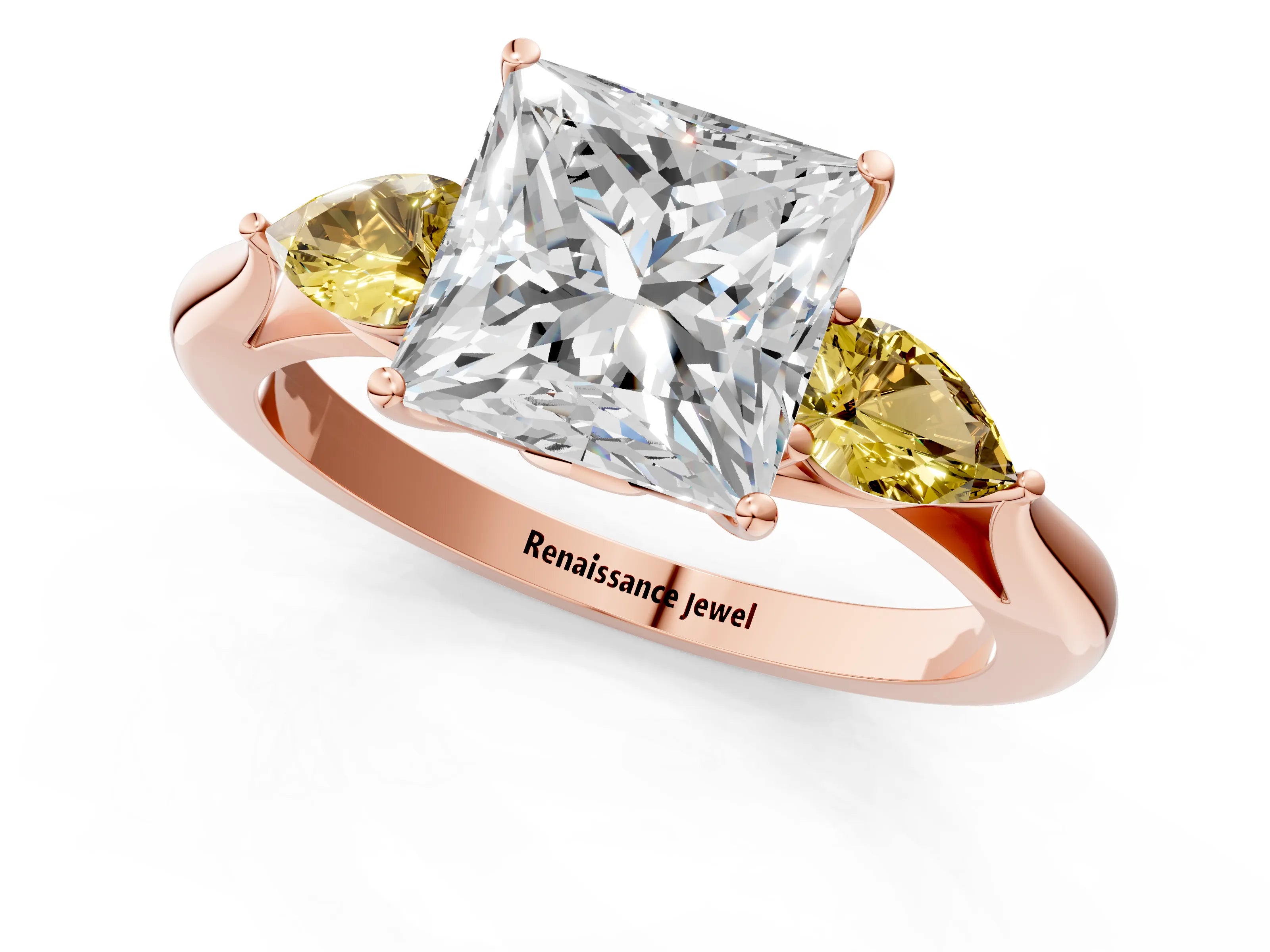 Rose gold Princess Cut Diamond Three-Stone Ring with Pear with Yellow Sapphire side stone Side Stones and Prong Setting_1