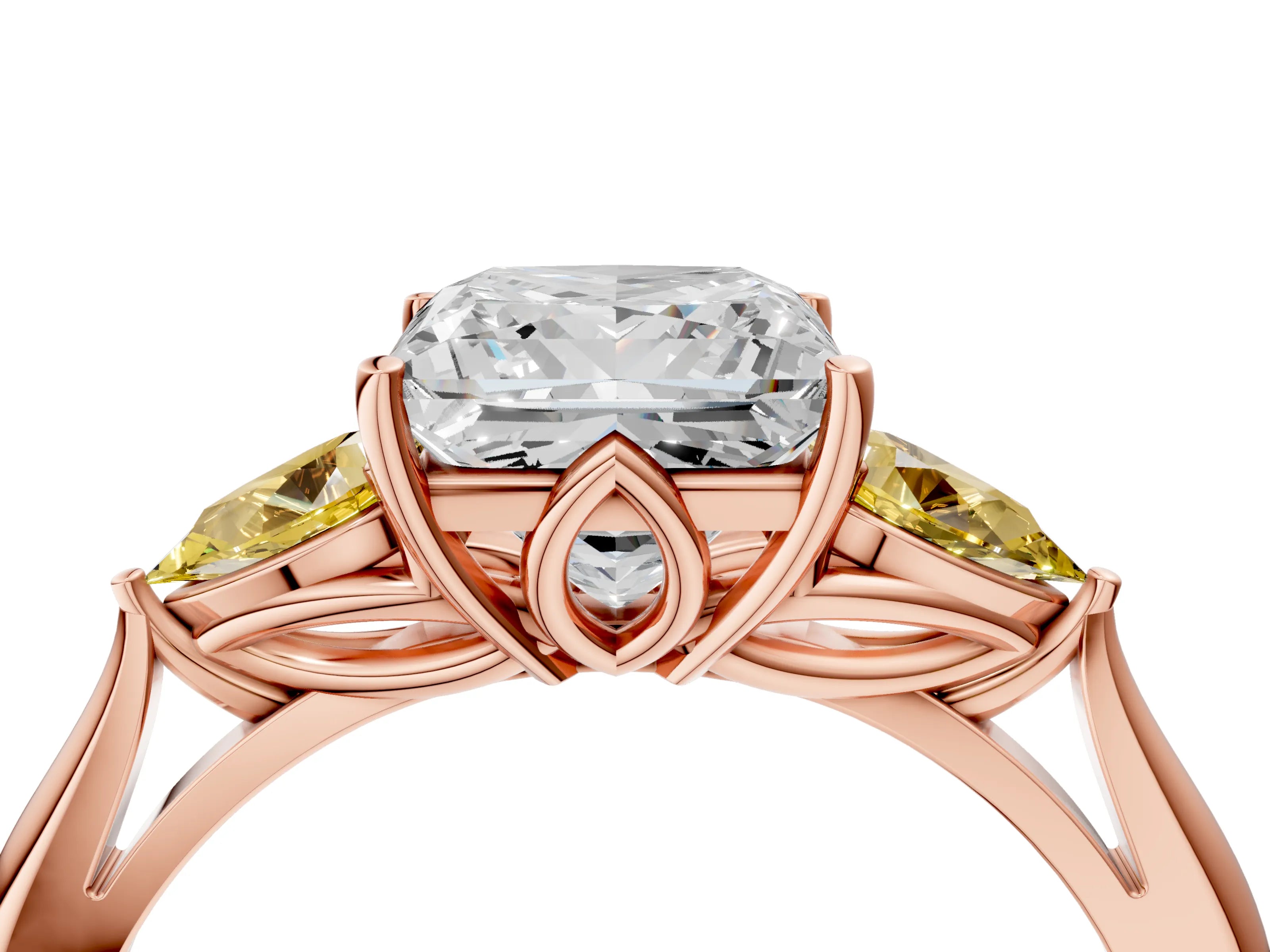 Rose gold Princess Cut Diamond Three-Stone Ring with Pear with Yellow Sapphire side stone Side Stones and Prong Setting_4