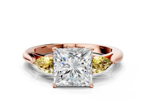 Rose gold Princess Cut Diamond Three-Stone Ring with Pear with Yellow Sapphire side stone Side Stones and Prong Setting
